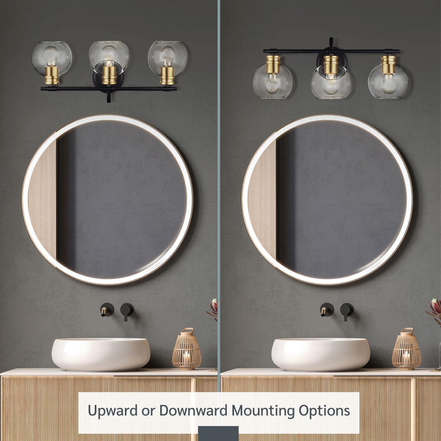 Black and Brushed Brass 3-Light Vanity Bar with Clear Glass Shades