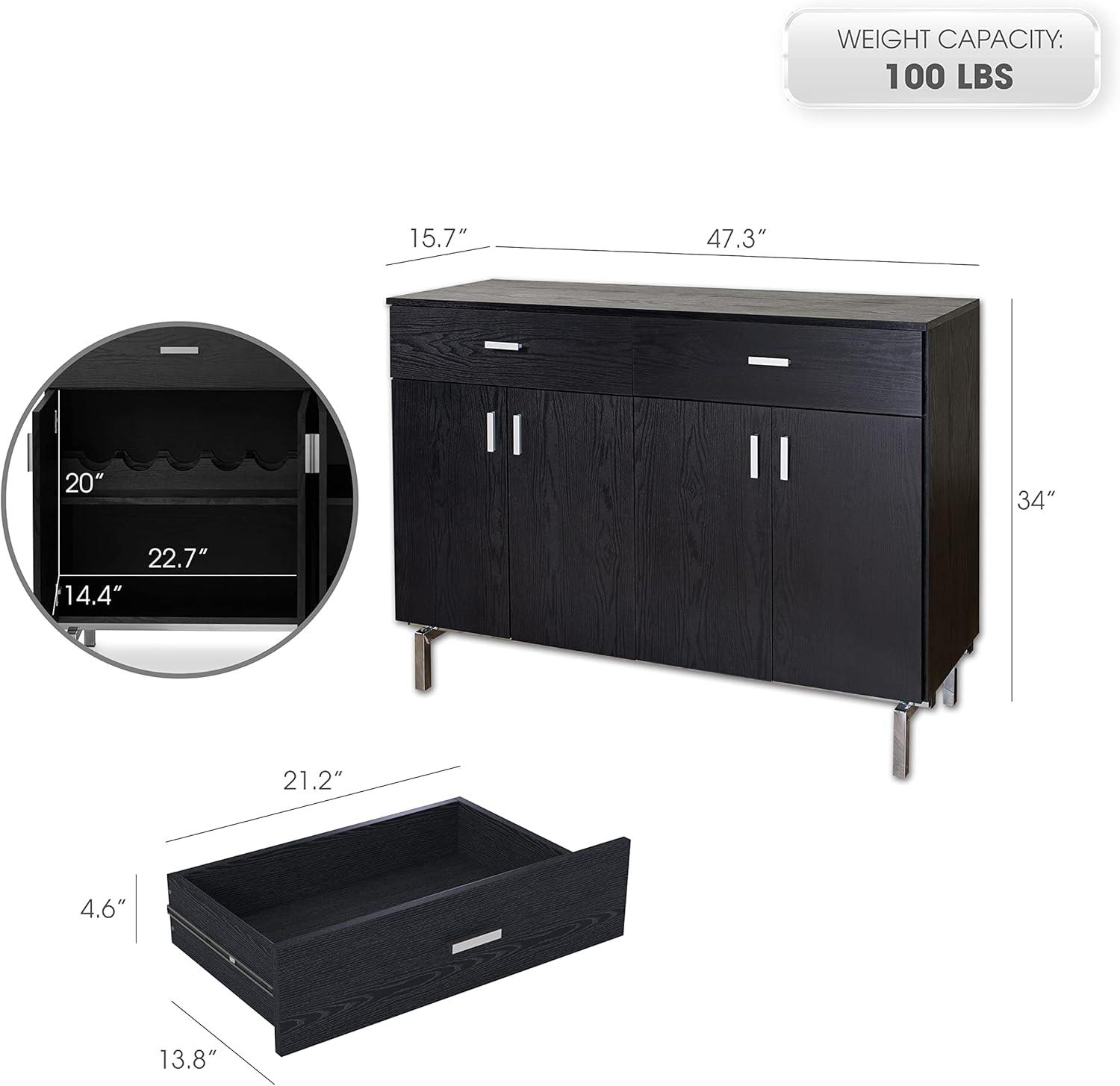 Furniture of America  Mason Modern 2-drawer Buffet with Wine Rack Black/Chrome Black Finish, Chrome Finish