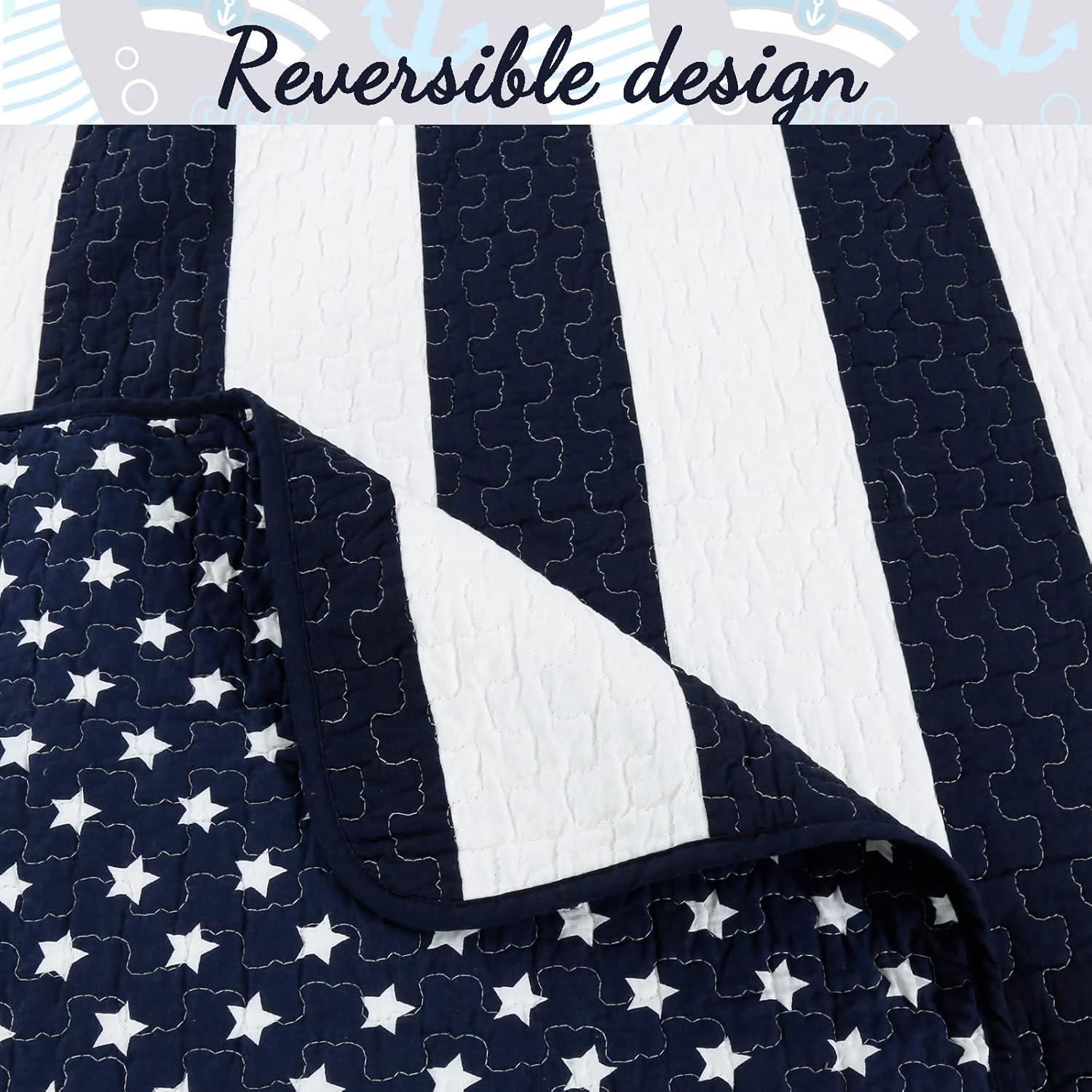 Navy Blue and White Striped Microfiber King Quilt Set