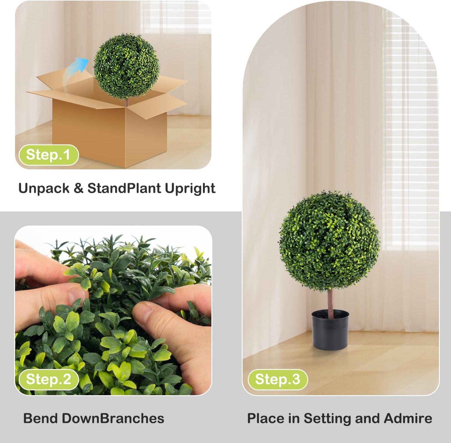 Topbuy 2-Piece 24" Artificial Plant Ball Tree Round Decorative Planter