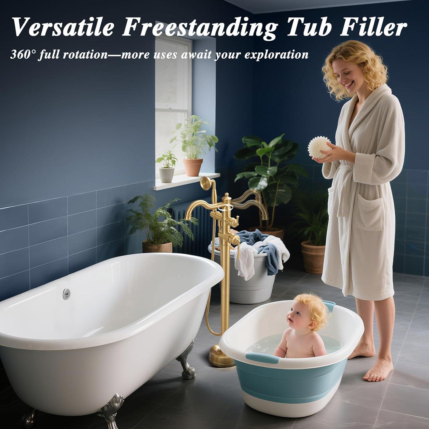 MOGFCT Waterfall Freestanding Bathtub Faucet Set Single Handle Floor Mount Tub Filler with Hand Shower ,Matte Black