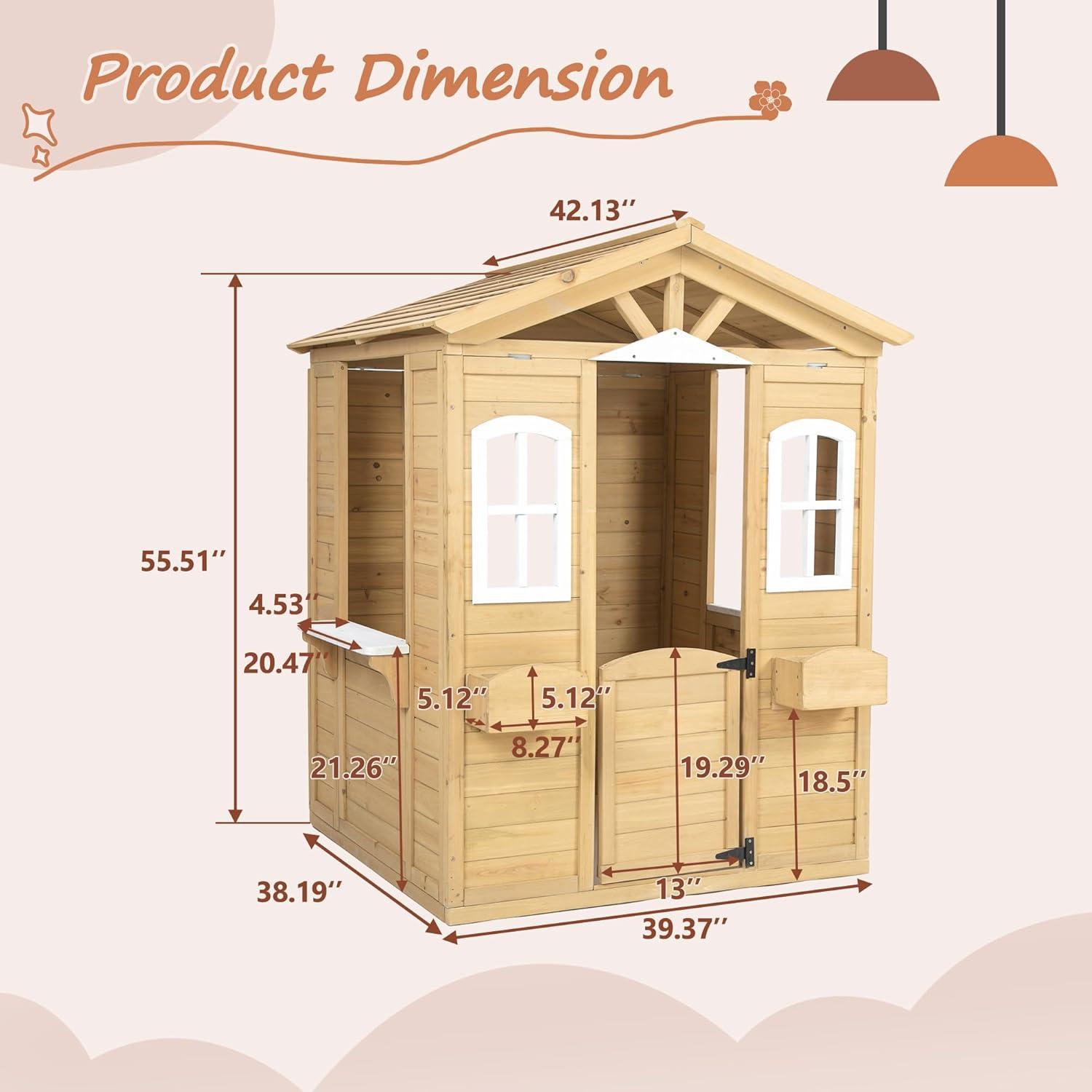 Natural Fir Wood Outdoor Playhouse with Windows and Flowerpot Holders