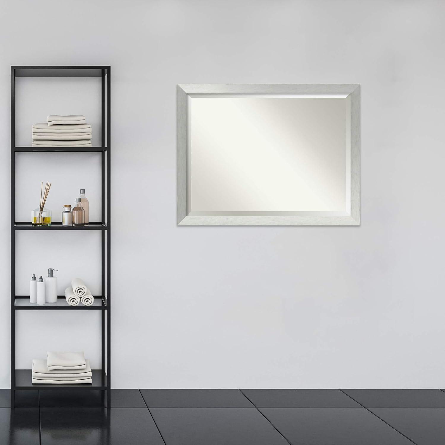 Amanti Art Beveled Wood Bathroom Wall Mirror - Brushed Sterling Silver Frame - Outer Size: 44 x 34 in