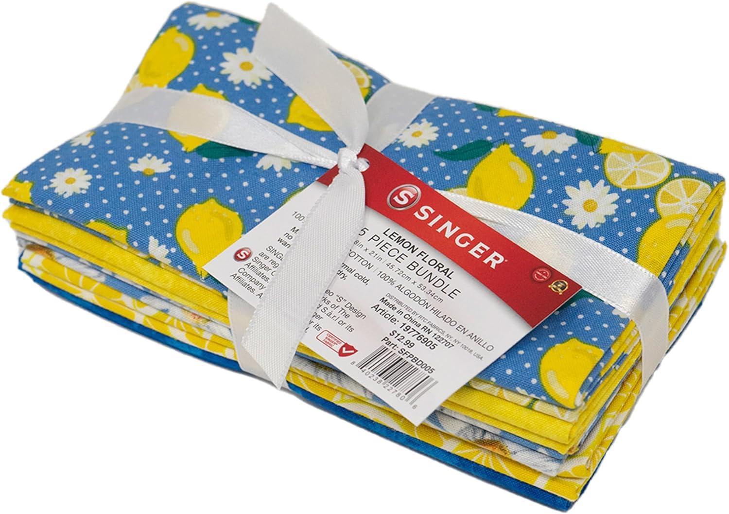 Lemon Floral Quilted Cotton Fabric Bundle, 5 Pieces