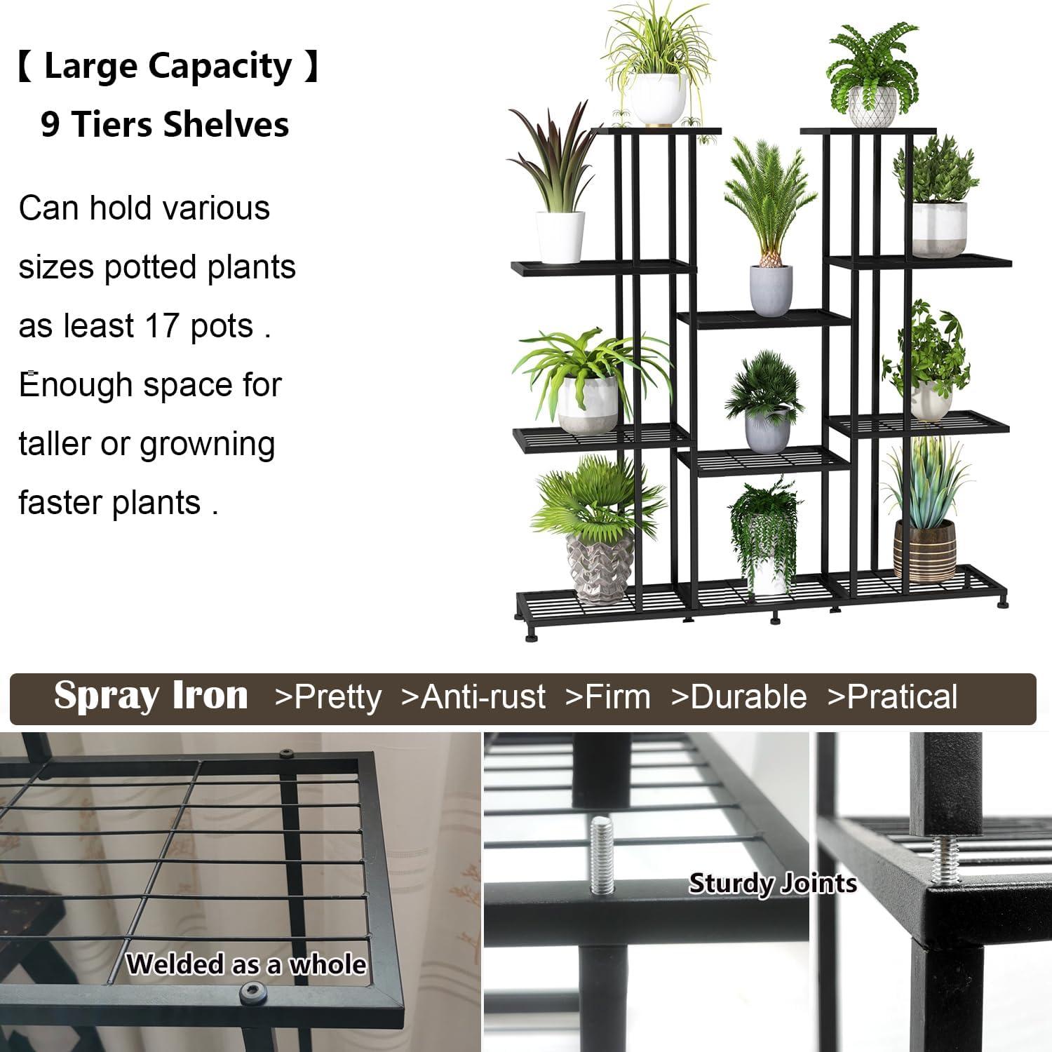 Black 9-Tier Metal Plant Stand with 17 Pots