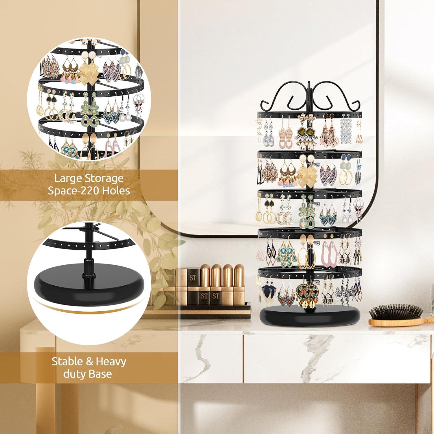 5-Layer Rotating Jewelry Organizer Stand - Effortless Storage & Display for Earrings  Studs & Pendants - Secure  Space-Saving Design in Chic Black/White