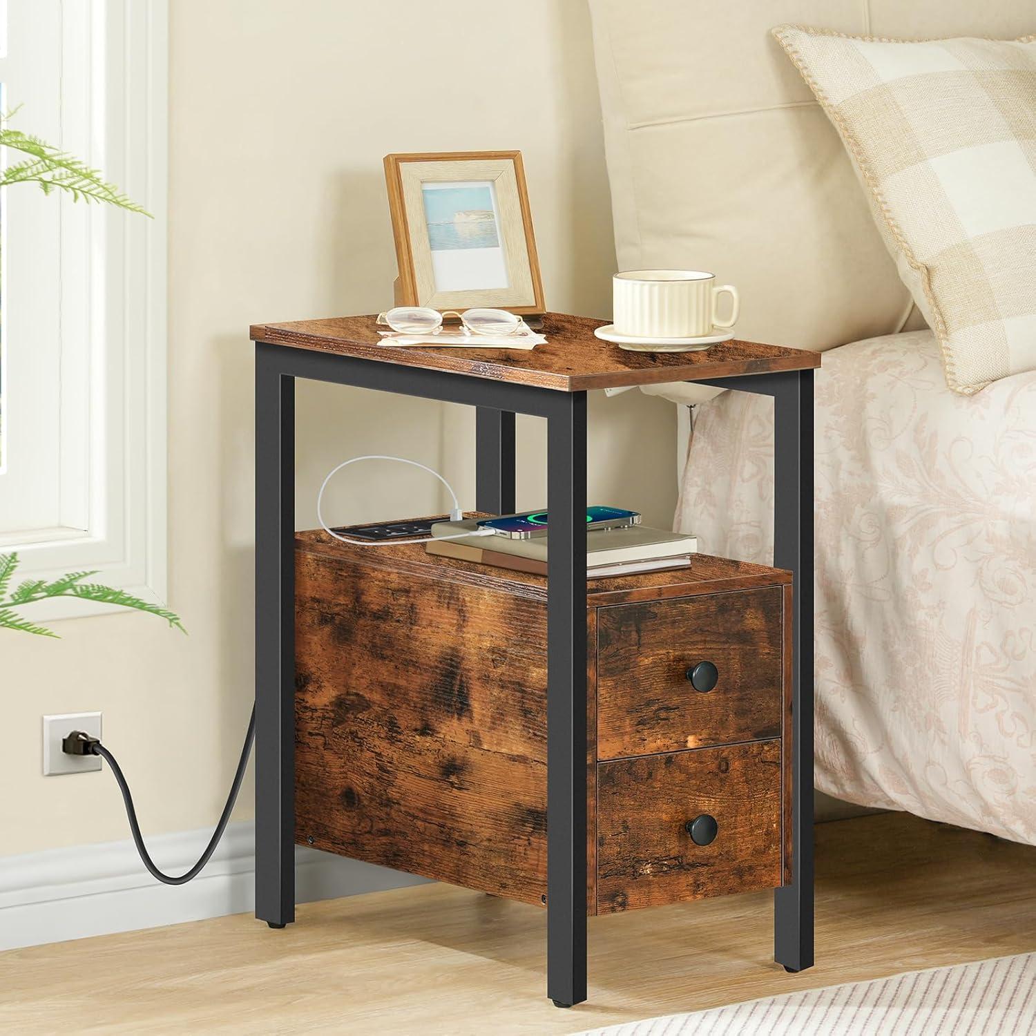 HOOBRO End Table with Charging Station, Narrow Side Table with 2 Drawer & USB Ports & Power Outlets, Nightstand for Small Spaces, for Living Room, Bedroom, Rustic Brown and Black BF541BZ01