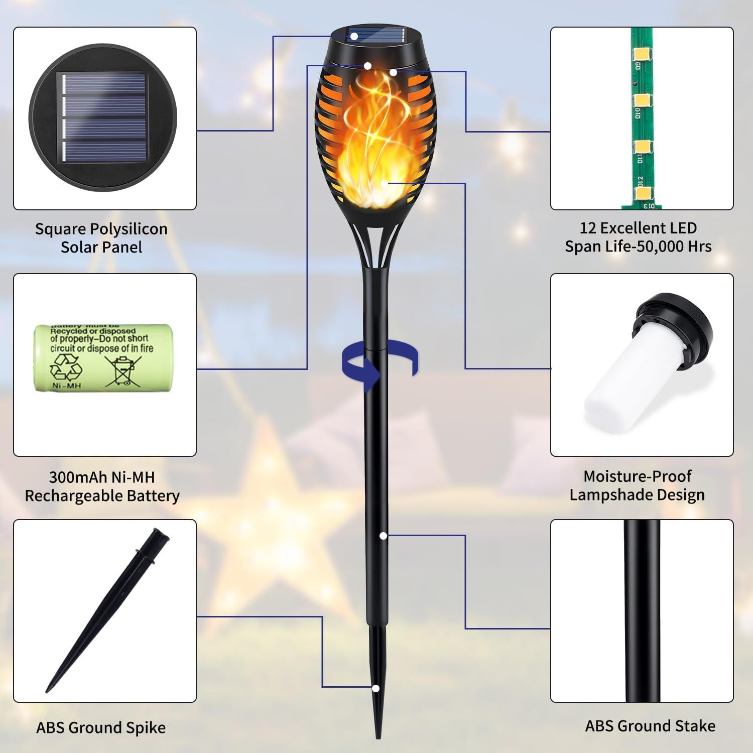 12-Pack Black Solar LED Pathway Lights with Flickering Flame