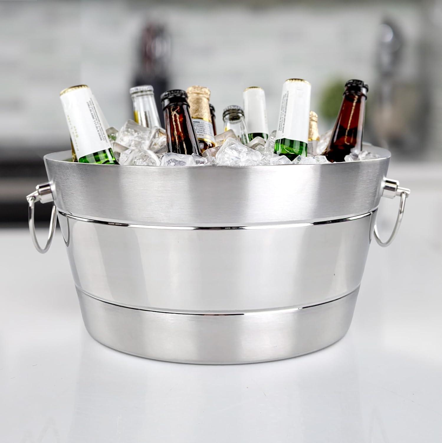 BREKX Anchored Ribbed Stainless-Steel Beverage Tub, Wine and Beer Bucket - 14"W x 6.75"H