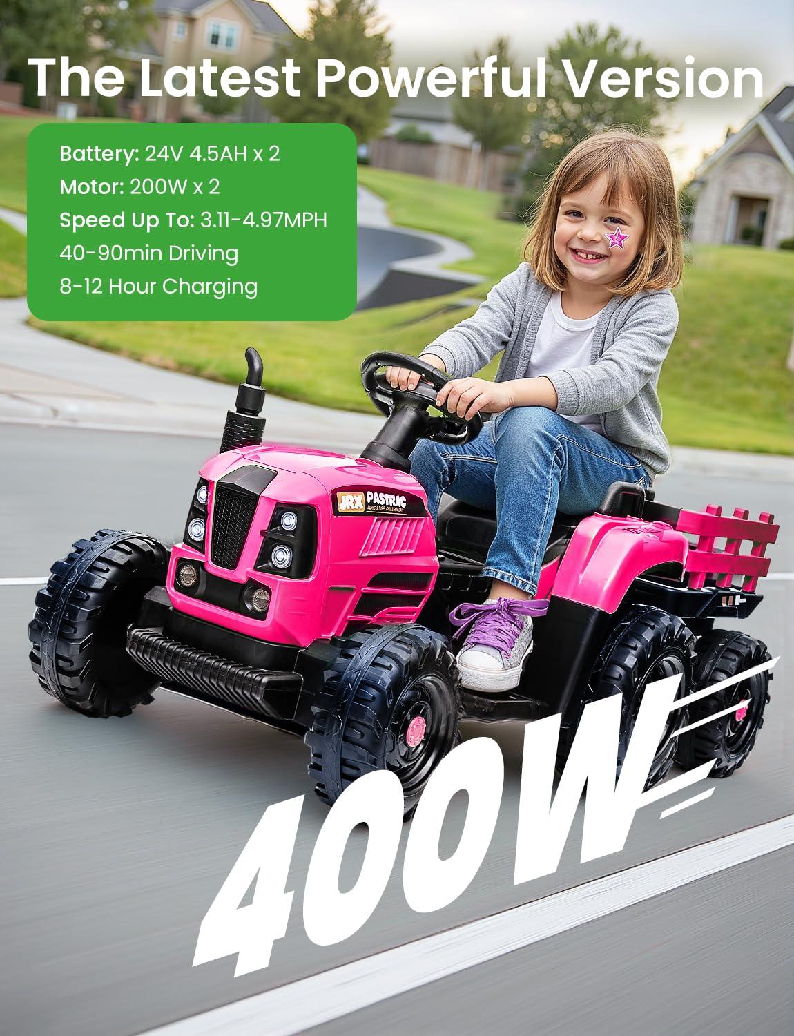 24V 400W Powered Electric Tractor for Kids, 3-Speed Ride On Tractor with Remote Control, USB/MP3/Bluetooth, LED Lights, Safety Belt, 1.86-4.97 MPH，Green