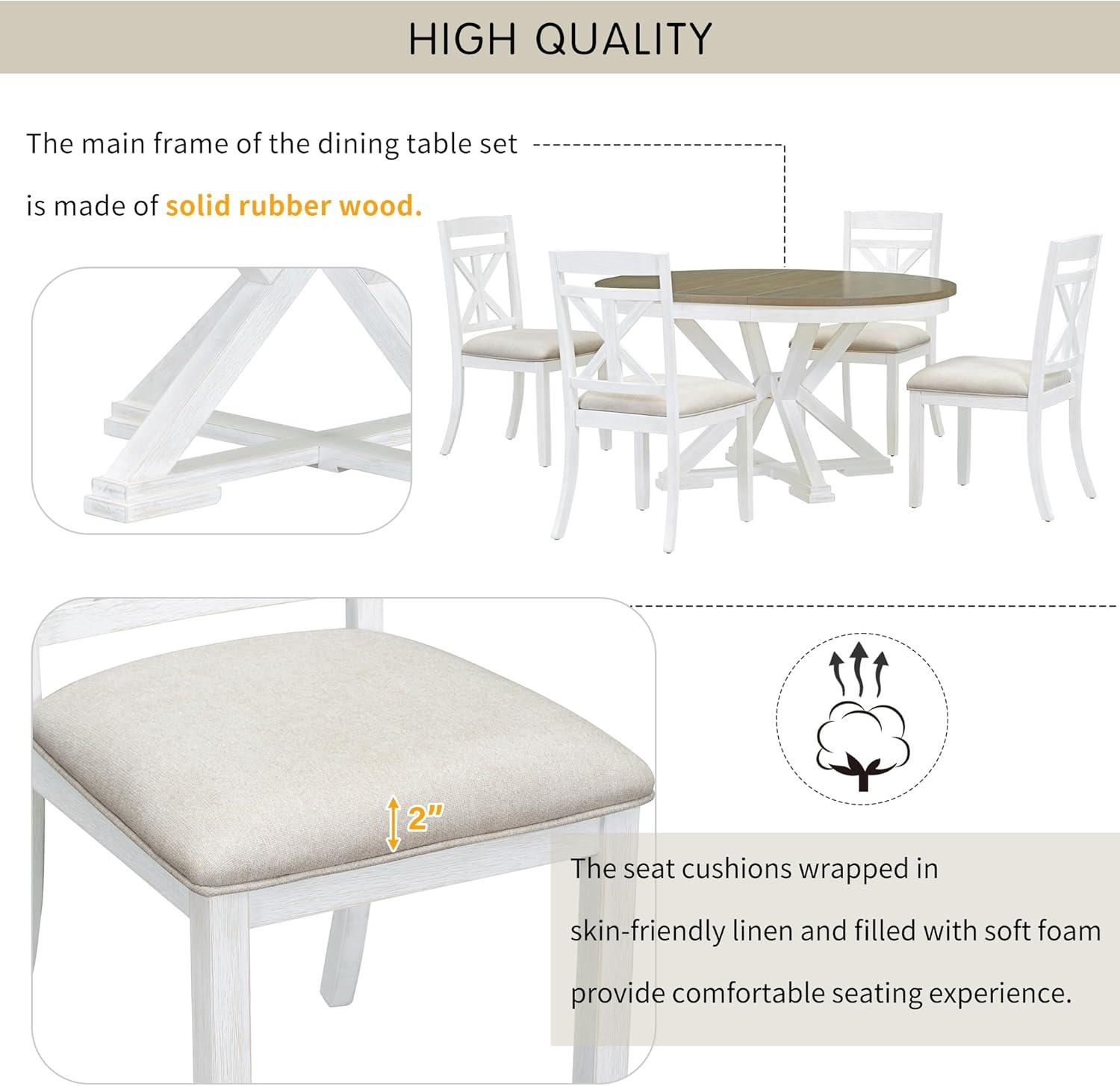 Bellemave Extendable Dining Table Set for 4, 5-Piece Round Table Set with 4 Chairs, Circle Table with Upholstered Chairs, Oval Kitchen Table Set with Extendable Table (Natural Wood Wash)