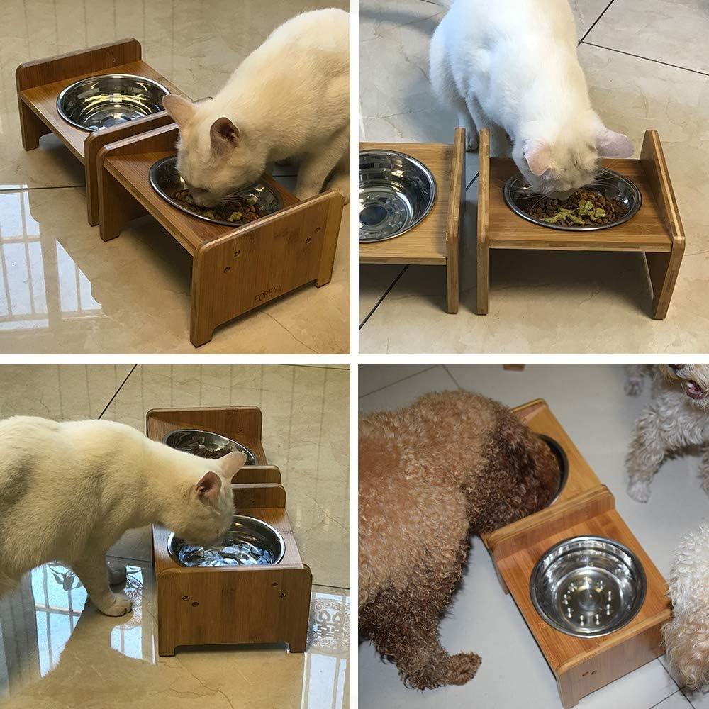 YY FOREYY Juego de 2 Tazones Elevados para Perros y Gatos, Tazones de Agua y Comida para Perros con Inclinación de Bambú, Comedero con 3 Tazones de Acero Inoxidable y Patas Antideslizantes para una Alimentación Cómoda