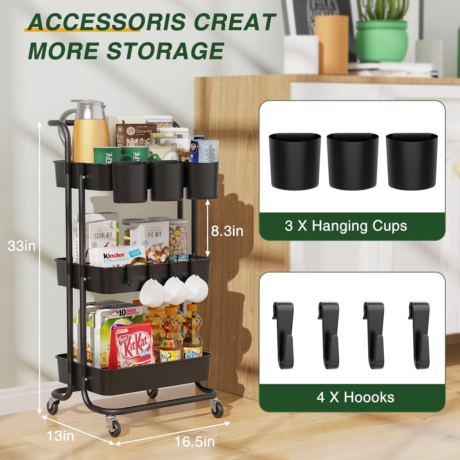 Black 3-Tier Stainless Steel Rolling Utility Cart with Hanging Cups and Hooks