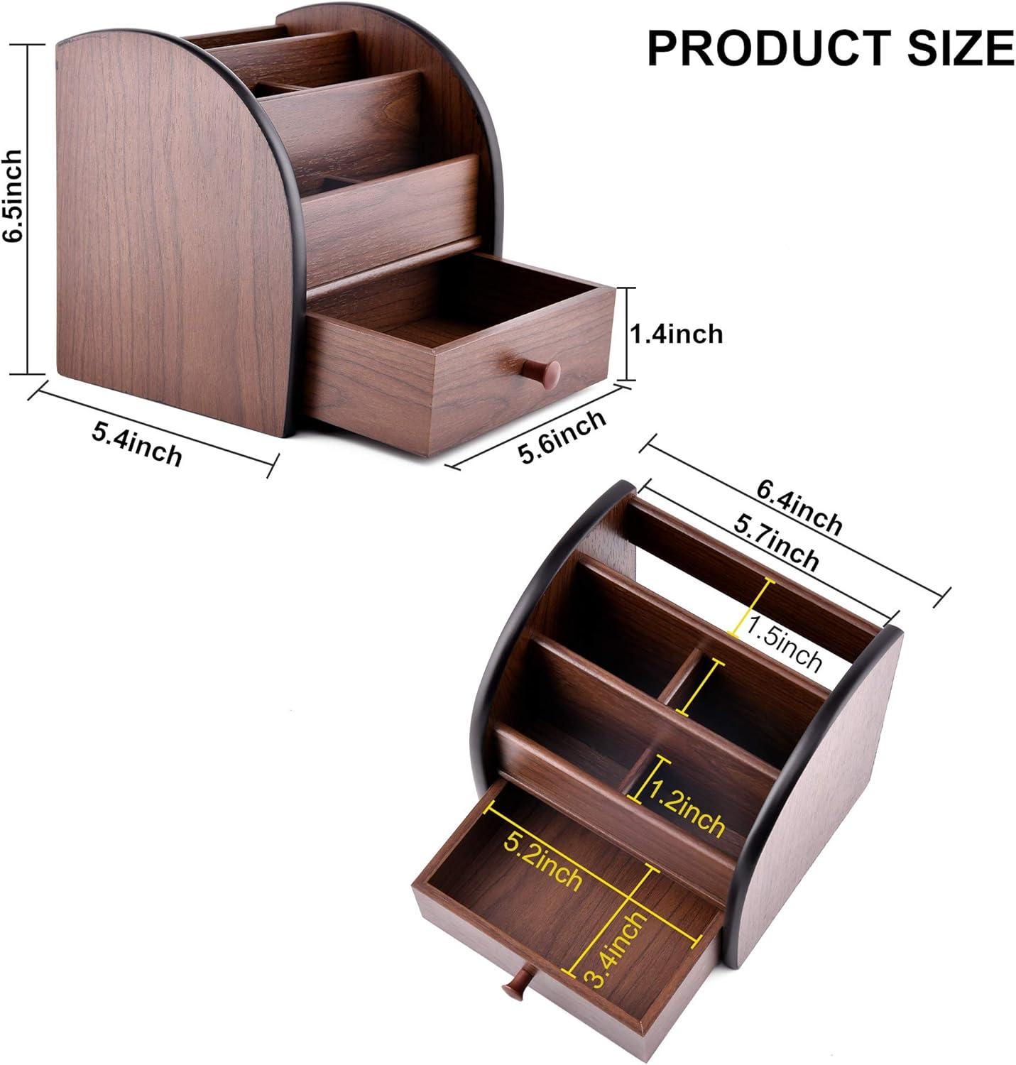 Wooden Desktop Organizer with Drawer, Multifunctional Office Supply Storage - Remote Control Caddy Holder