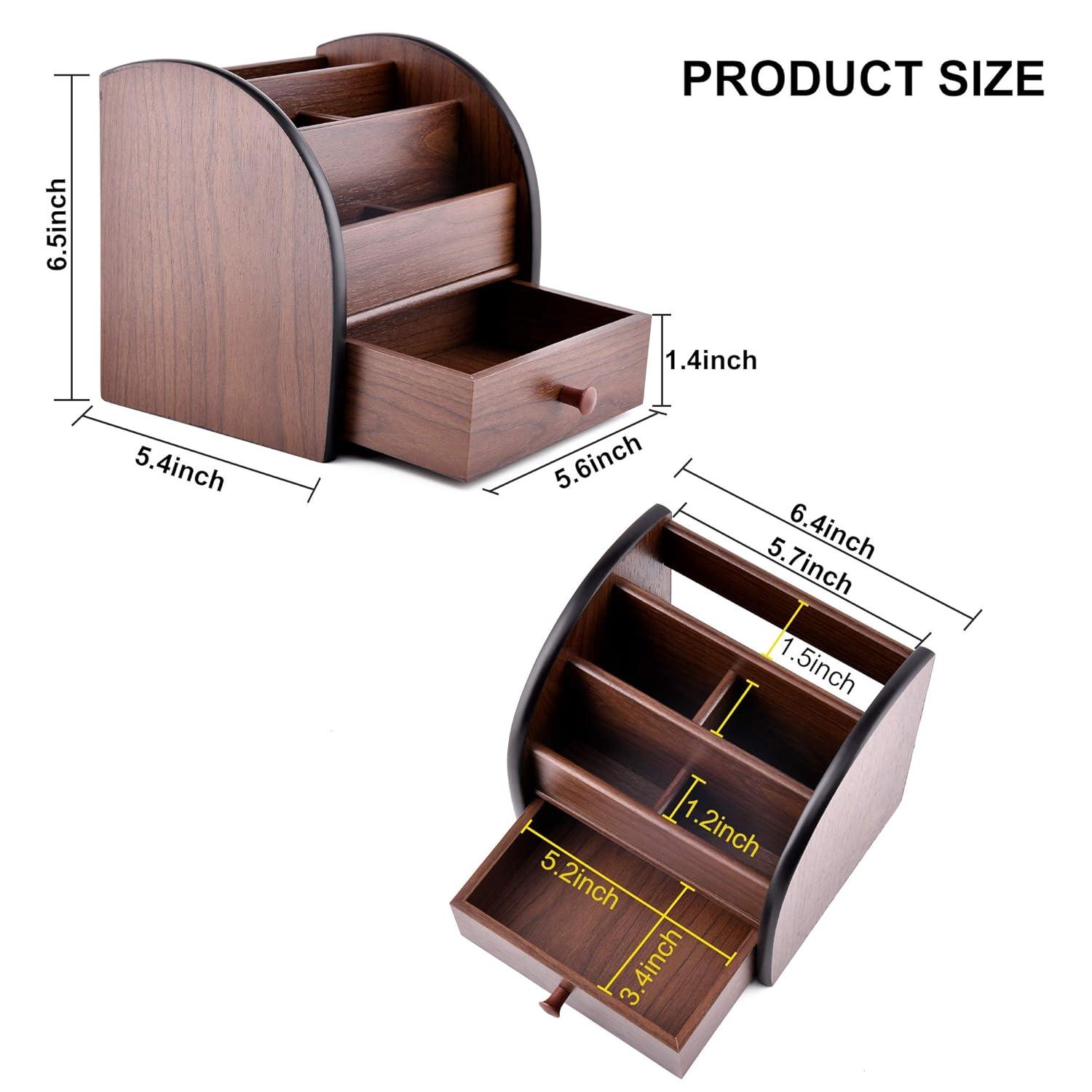 Wooden Desktop Organizer with Drawer, Multifunctional Office Supply Storage - Remote Control Caddy Holder