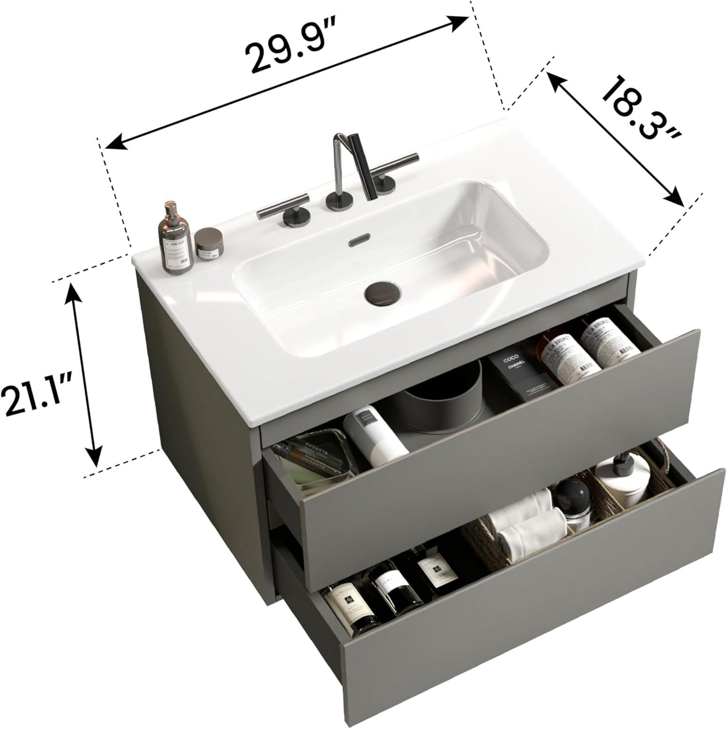 Gray 30" Floating Bathroom Vanity with Ceramic Sink and Double Drawers