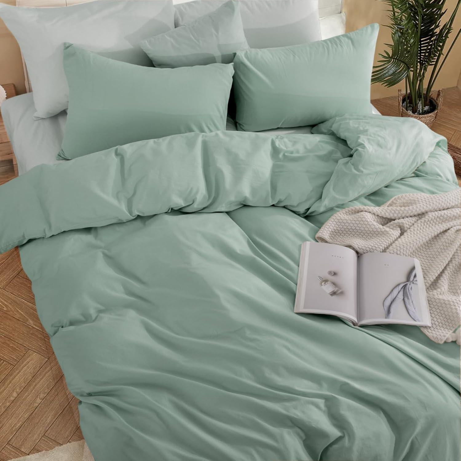 NEXHOME PRO Duvet Cover Set Queen Size Linen Look Textured Organic Natural 100% Washed Cotton Duvet Cover Teal 3 Pieces Bedding Set with Zipper Closure, Breathable, Soft (Aqua Green, No Comforter)