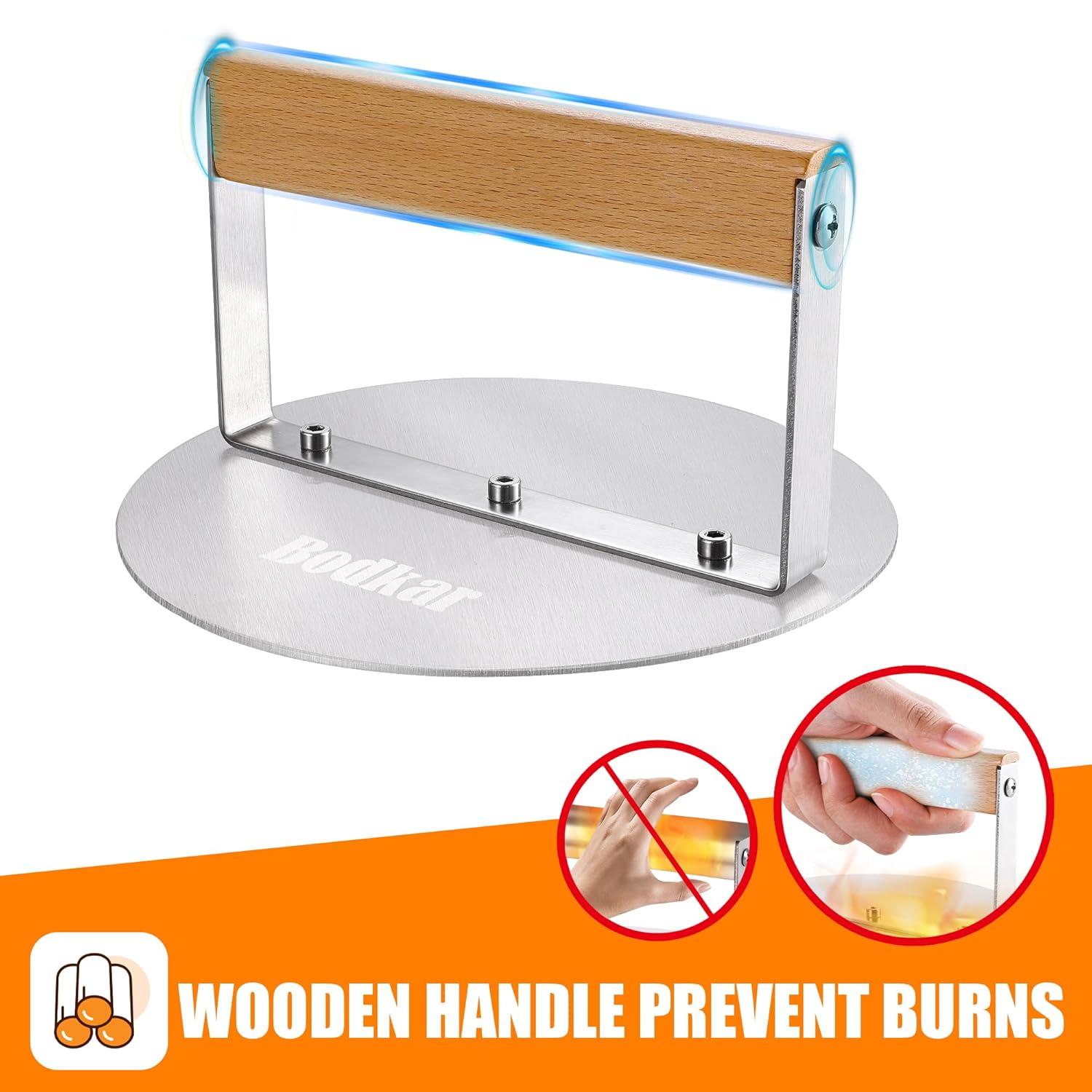 Stainless Steel Burger Press, 6 inch Round Burger Smasher Round Hamburger Press with Wood Handle, Grill Press Meat Flattener Tool for Flat Top Griddle Grill Cooking