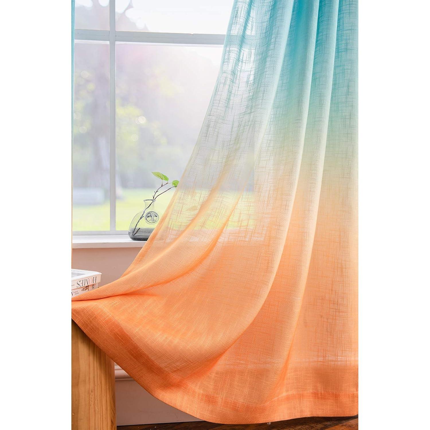 Melodieux Linen Textured Ombre Semi Sheer Curtains for Bedroom Living Room Kids Nursery Sunset Rod Pocket Gradient Drapes, Orange Green Teal Turquoise Mint, 52 x 63 Inch (2 Panels)