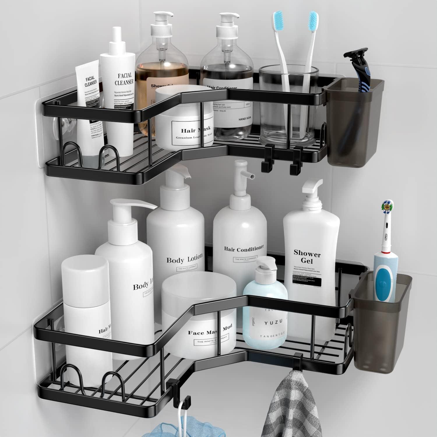 Corner Shower Caddy 2 Pack Organizer Shelves No Drilling Stainless Steel with Hooks&Toothpaste Holder