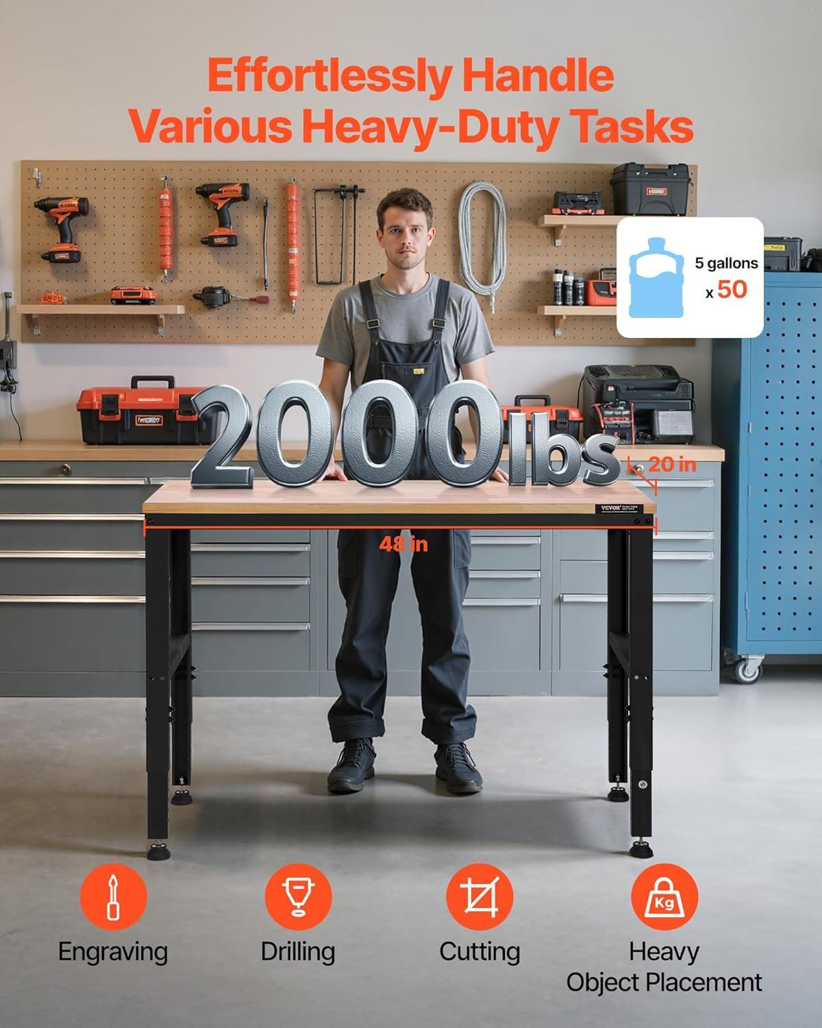 VEVOR 48'' W Wood Top Height-Adjustable Workbench