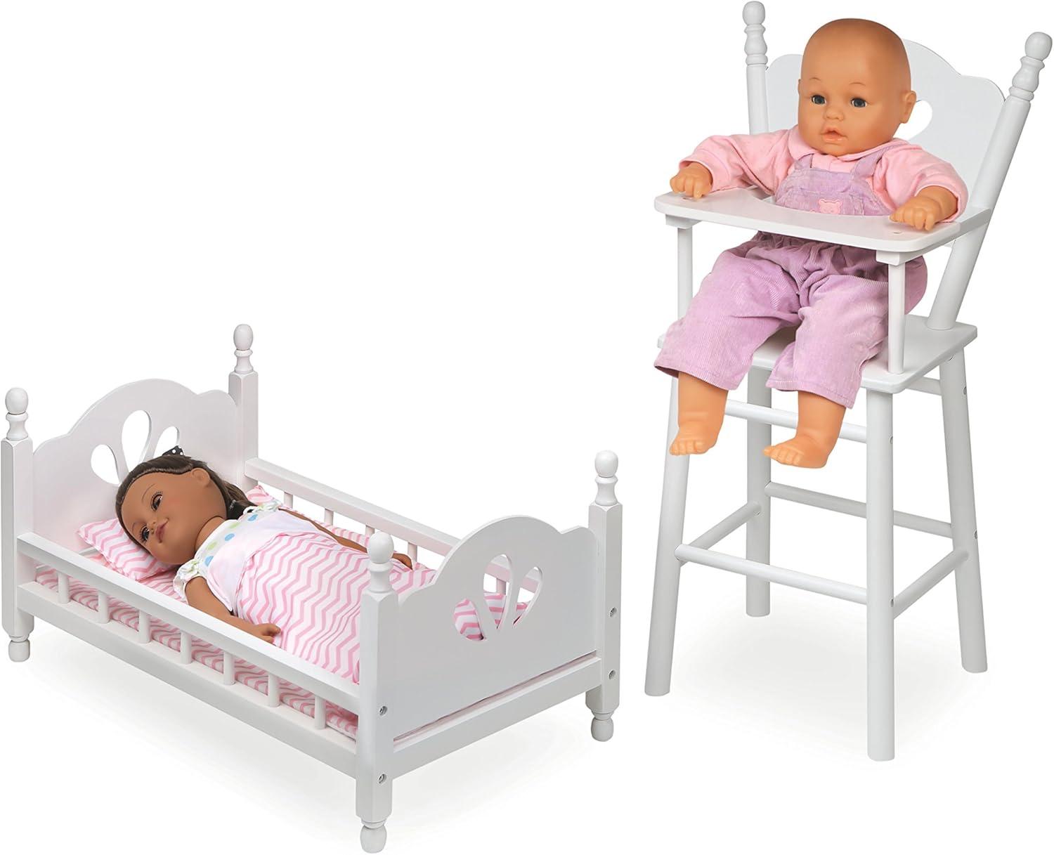 English Country Doll High Chair and Bed Set with Chevron Bedding - White/Pink