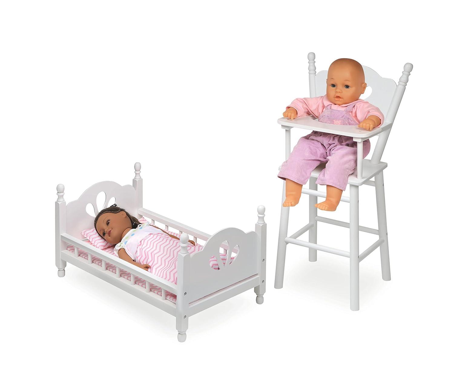 English Country Doll High Chair and Bed Set with Chevron Bedding - White/Pink