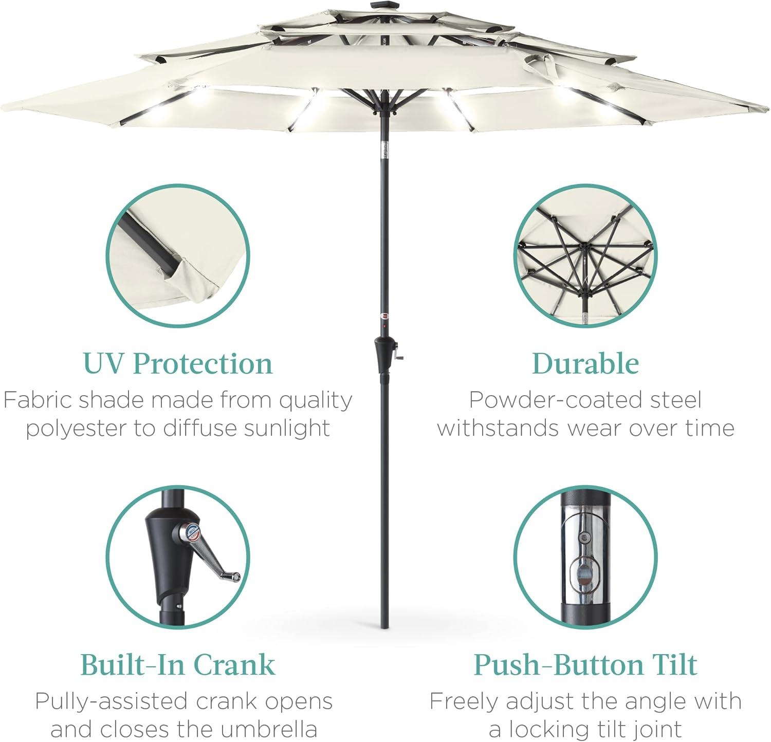 Best Choice Products 10ft 3-Tier Solar Patio Umbrella w/ 24 LED Lights, Tilt Adjustment, Easy Crank - Ivory