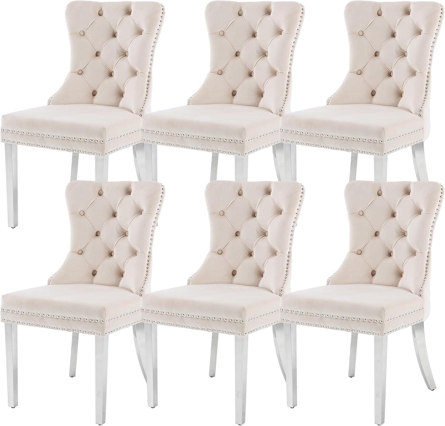 ODUSE-DAILY Velvet Dining Chairs Set of 6, Kitchen & Dining Room Chairs, Nailheads Tufted Chair, Sillas De Comedor, Two-Tone Fabric Upholstered, Wood Legs (Beige & Patterned, 6 Pcs)