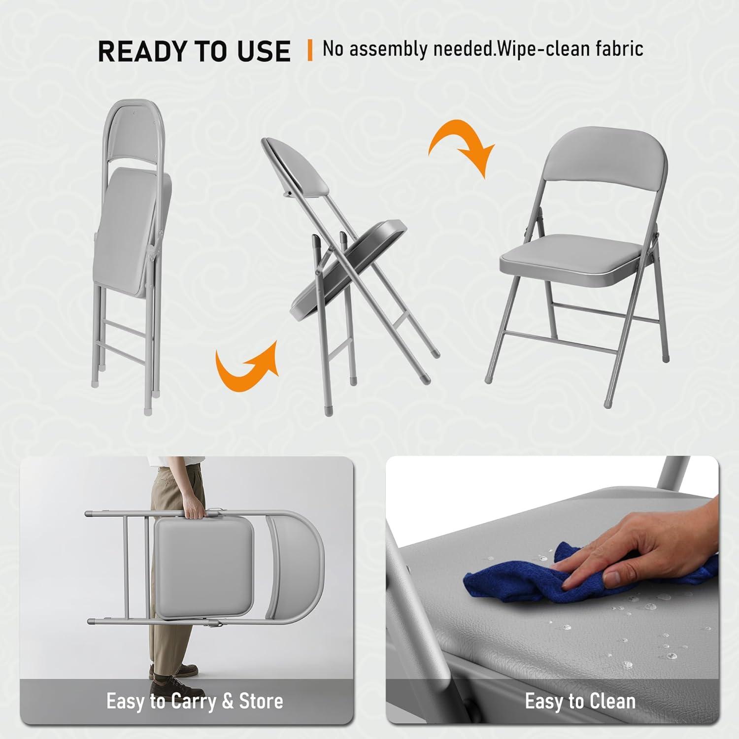 Folding Chairs with Padded Cushion and Back, 4pcs Potable Iron & PVC Durable Chairs for Indoor and Outdoor, School, Office and Garden Party, Gray