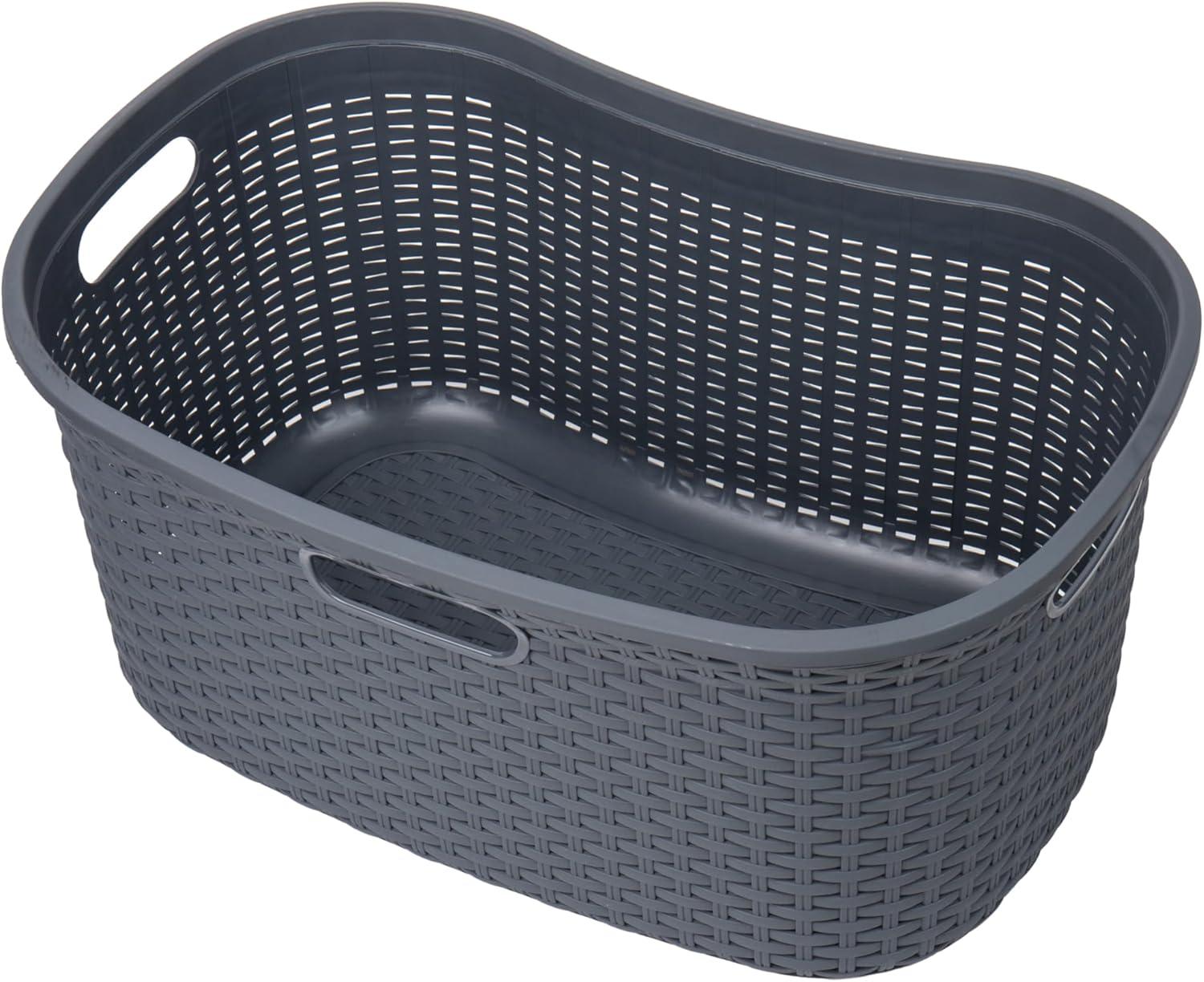 Mind Reader 40L Laundry Basket, Clothes Hamper, Wicker Design, Plastic, 23"L x 14.5"W x 11"H, Gray