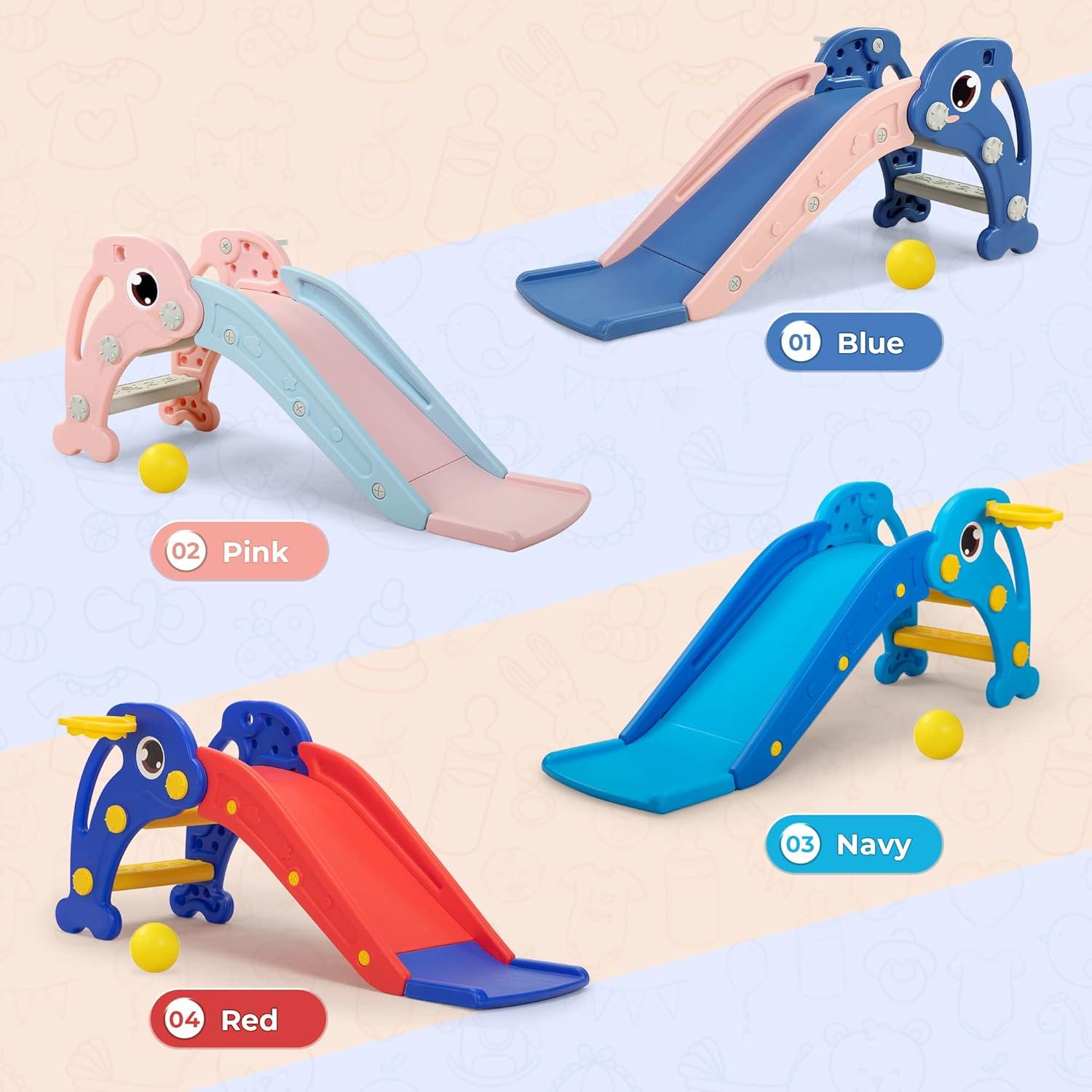 Nyeekoy 3 in 1 Foldable Toddler Large Slide w/ Climbing Ladder, Basketball Hoop, Indoor Outdoor Freestanding Playground for Kids