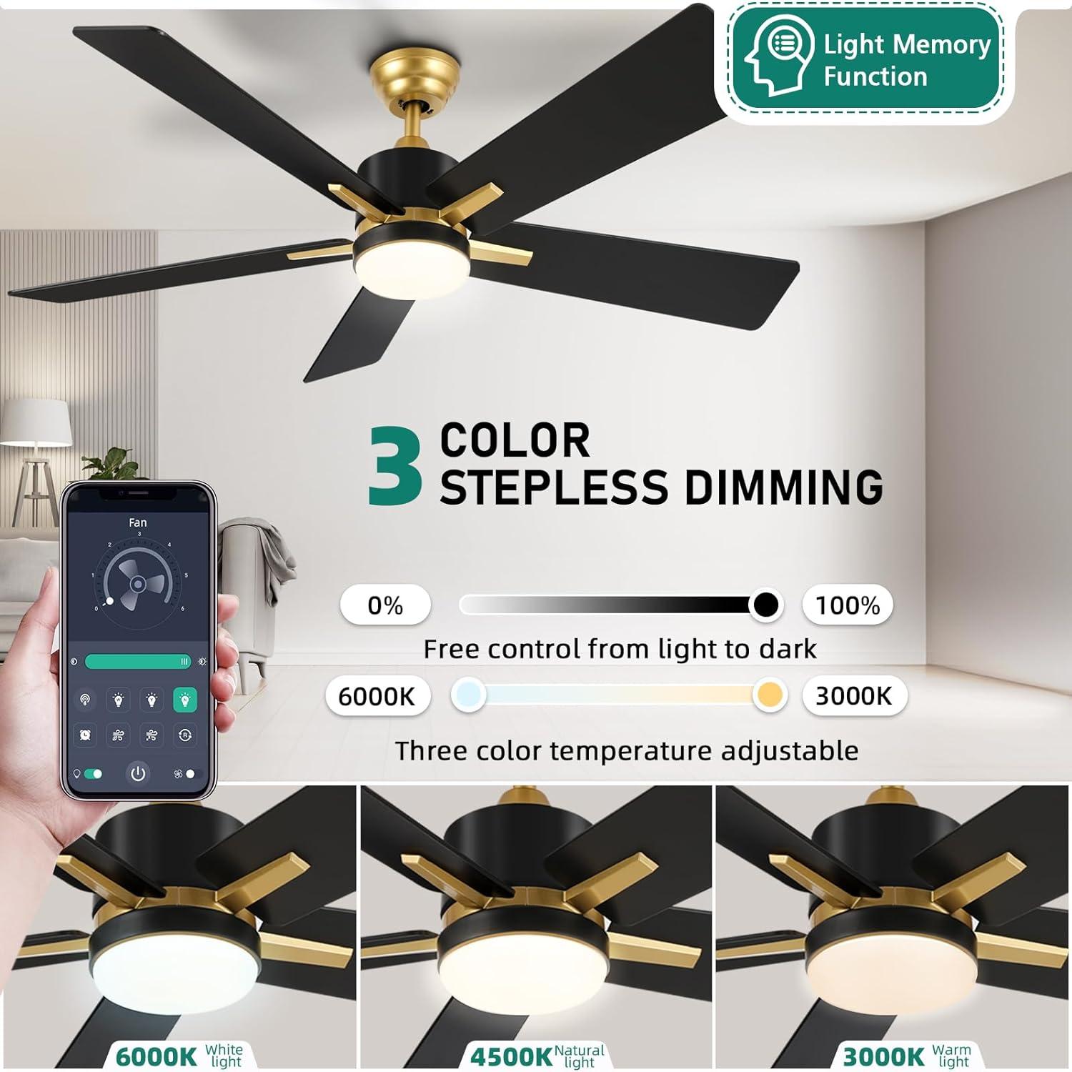 Ulker 52'' 5-Blade Indoor Downrod Mount Ceiling Fan with LED Light and Remote