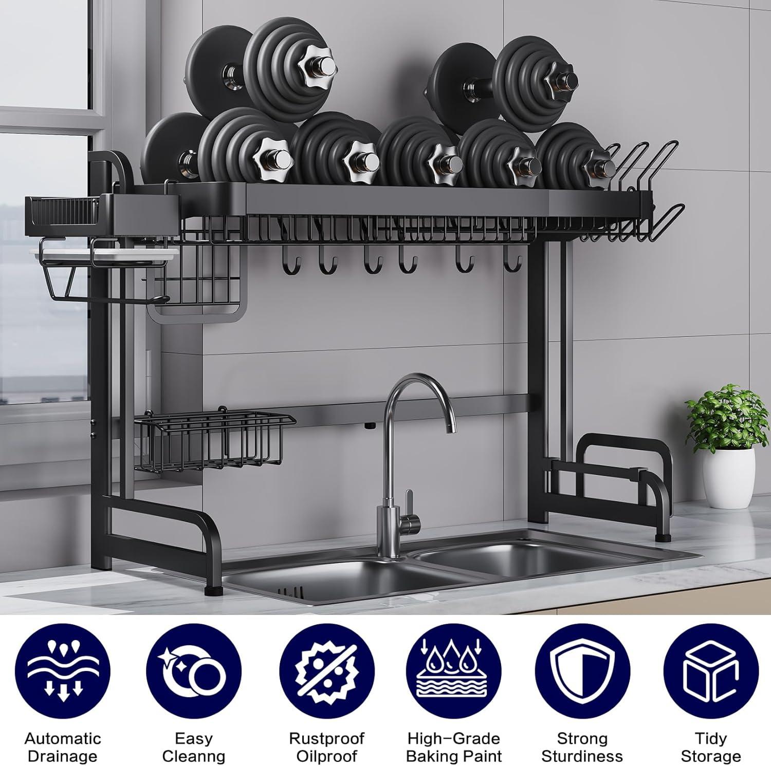 Large Over Sink Dish Rack: Full Stainless Steel Dish Drying Rack Over The Sink - Adjustable (25.6-37.6in) Width Kitchen Organizers and Storage Black Dish Shelf Counter Utensil Sponge Holder Sink Caddy