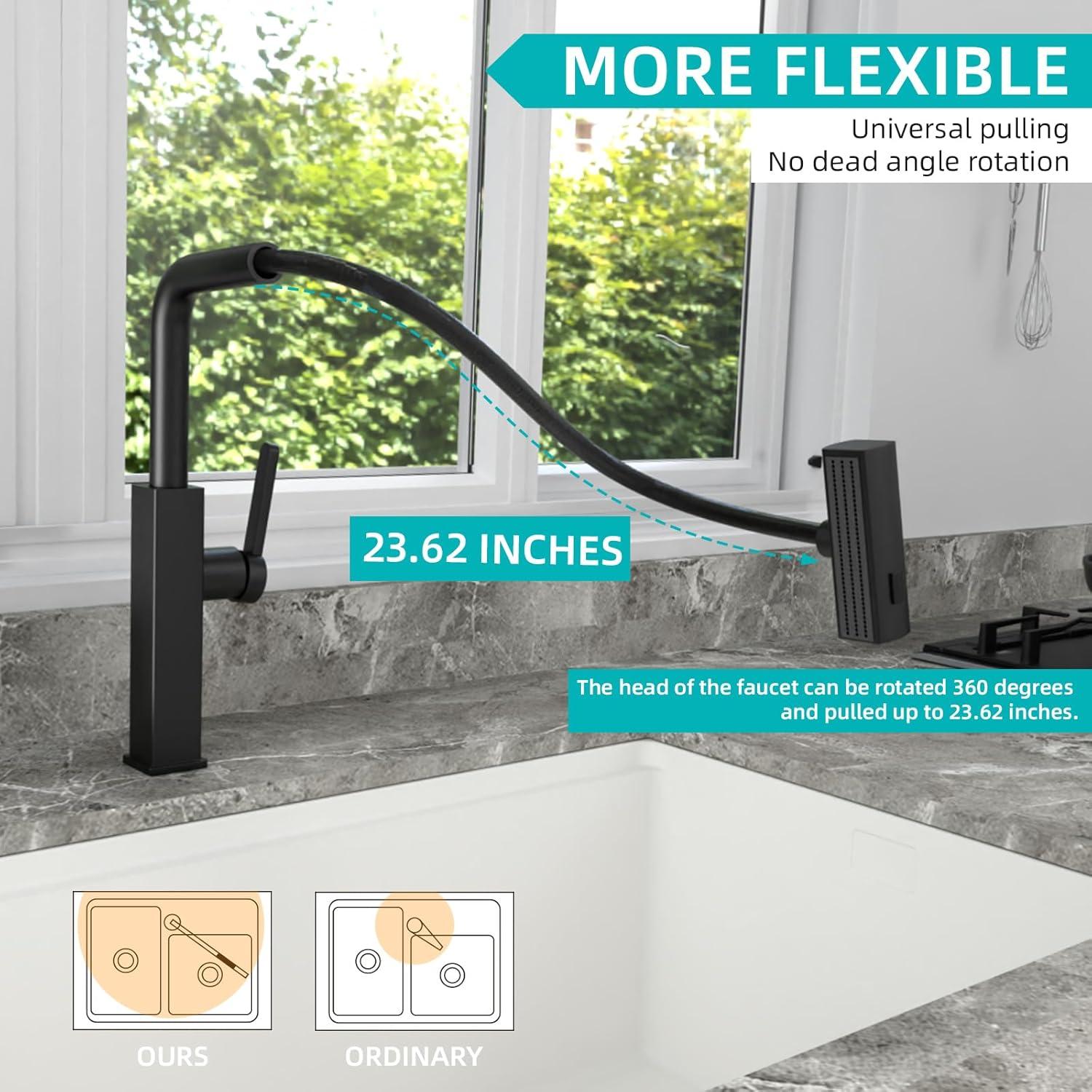 Waterfall Kitchen Faucet,Matte Black Kitchen Faucet with Pull Down Sprayer,Faucets for Kitchen Sink,Single Handle Kitchen Faucet Stainless Steel,Pull Out Sprayer Kitchen Faucets