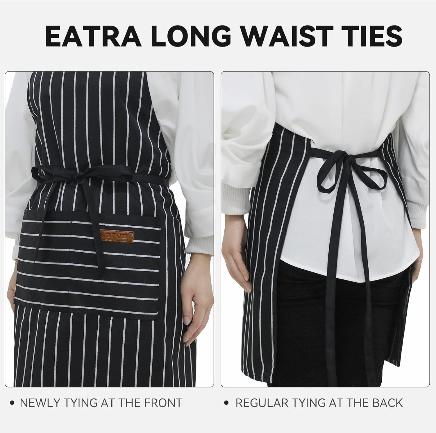 NLUS 2 Pack Cooking Aprons for Women Men with 2 Pockets, 29.5" x 26.8" (Black/Brown Stripes)