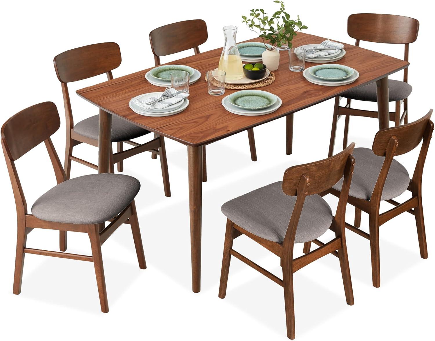 George Oliver 7-Piece Mid-Century Modern Upholstered Dining Set, Wooden Table W/ 6 Chairs