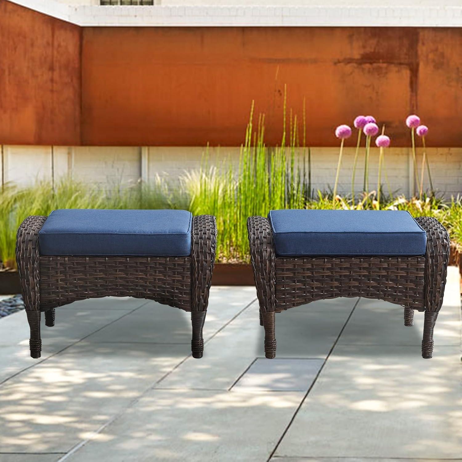 Flat Armrest Series Brown Wicker Outdoor Patio Ottoman with CushionGuard Blue Cushions (2-Pack)