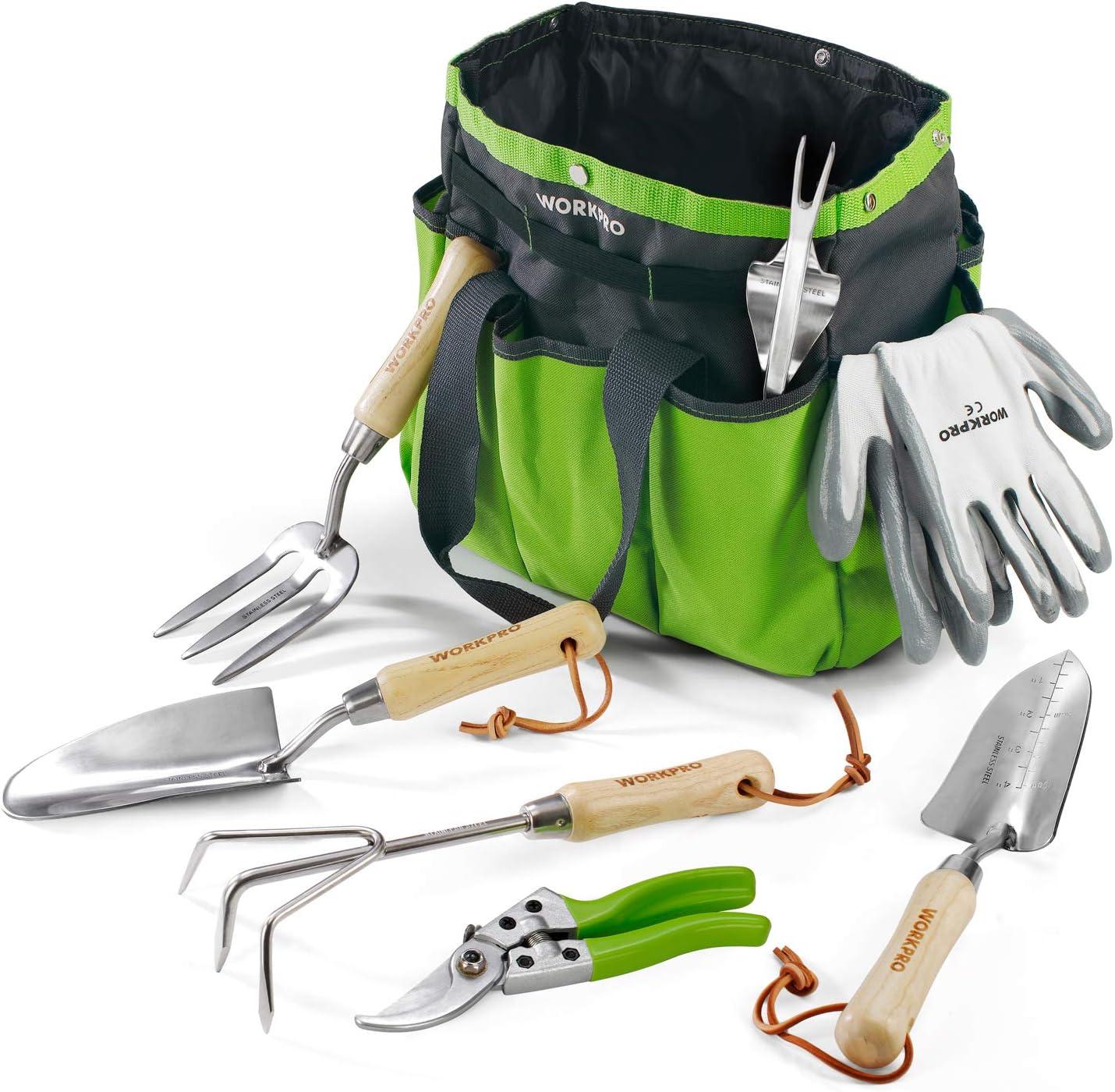 WORKPRO Garden Tools Set, 7 Piece Stainless Steel Heavy Duty Gardening Tools with Wooden Handle