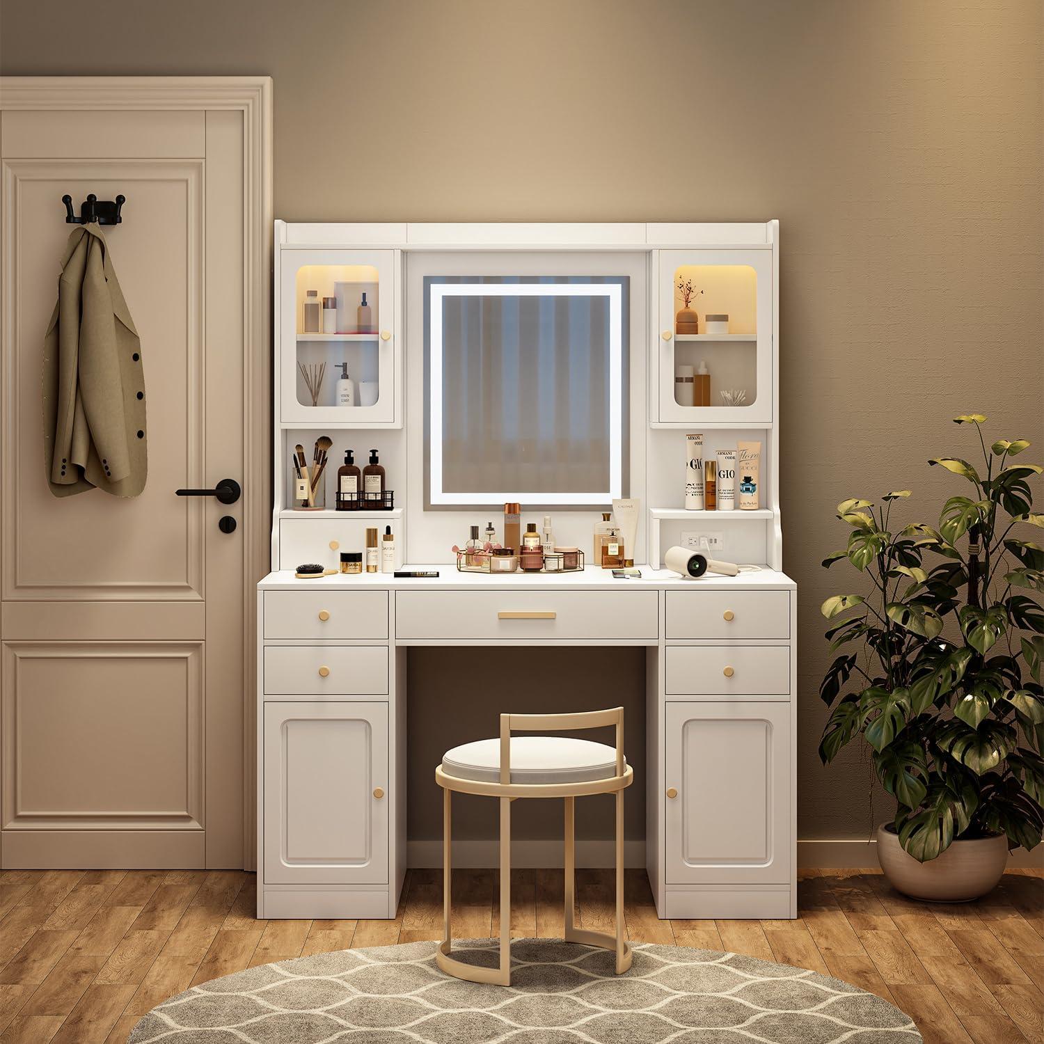 Makeup Vanity Desk with Mirror and Lights, Large Vanity Table Set with 6 Drawers & 2 Storage Cabinet & Shelves with Doors, with Charging Station, 3 Lighting Modes Brightness Adjustable