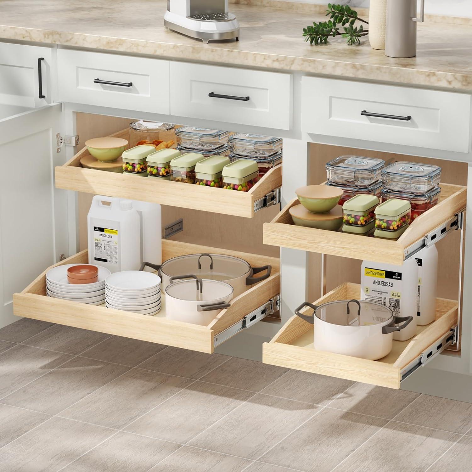 LOVMOR 2 Tier Pull Slide Out Cabinet Organizer 13 Inch x 21 inch, Cabinet Drawer Organizer with U Bracket