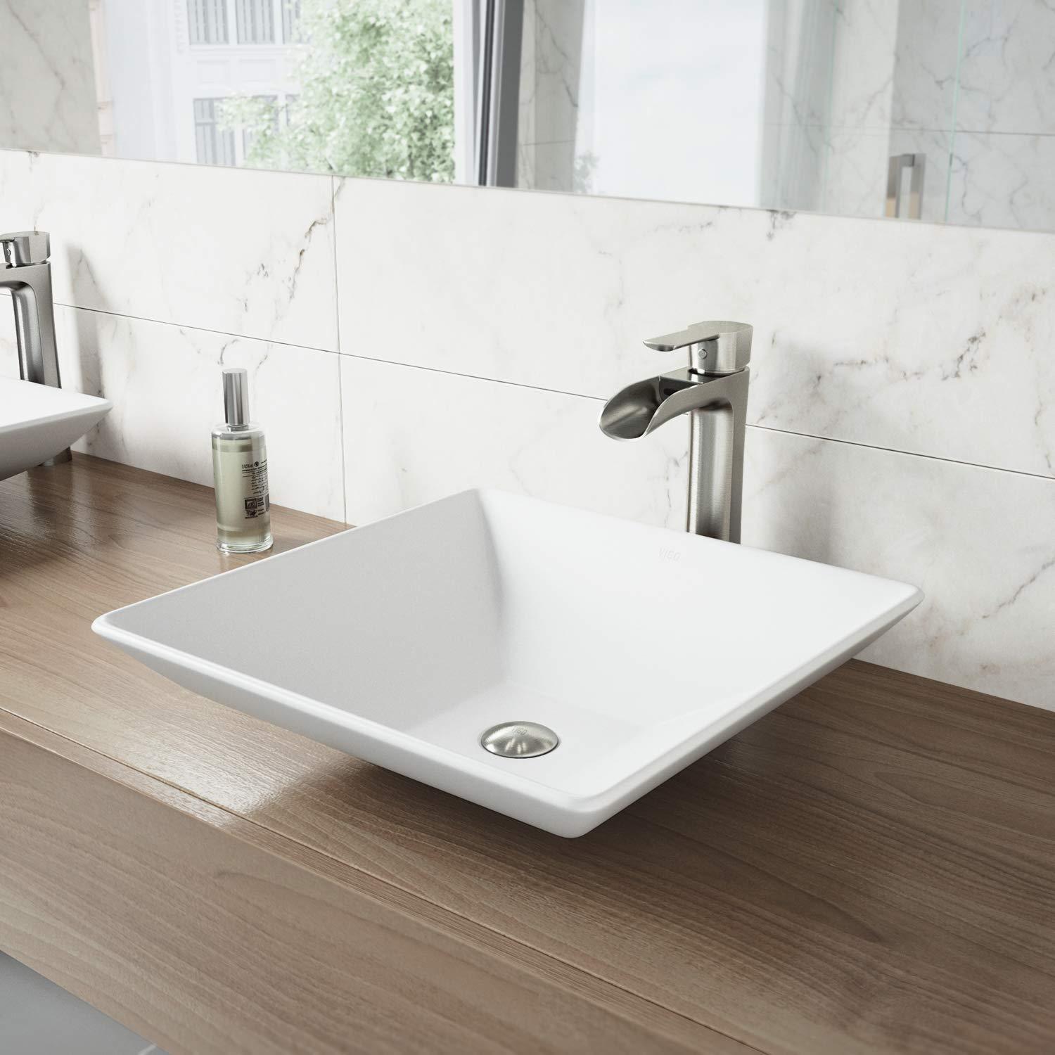 VIGO VG04004 Hibiscus 16" L x 16" W x 5" HMatte Stone White Handmade Square Vessel Bathroom Sink