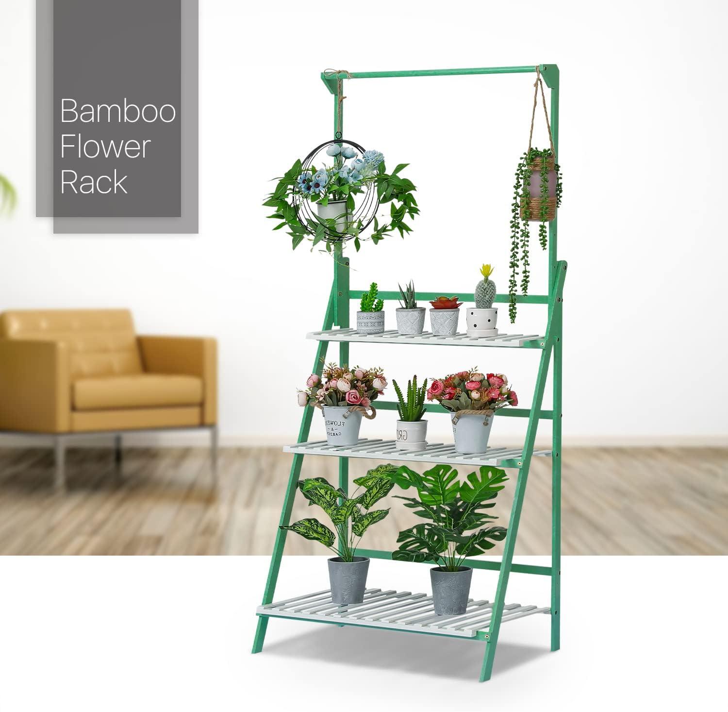 MoNiBloom Bamboo 3 Tier Plant Stand Triangular Flower Pot Holder With Hanging Basket