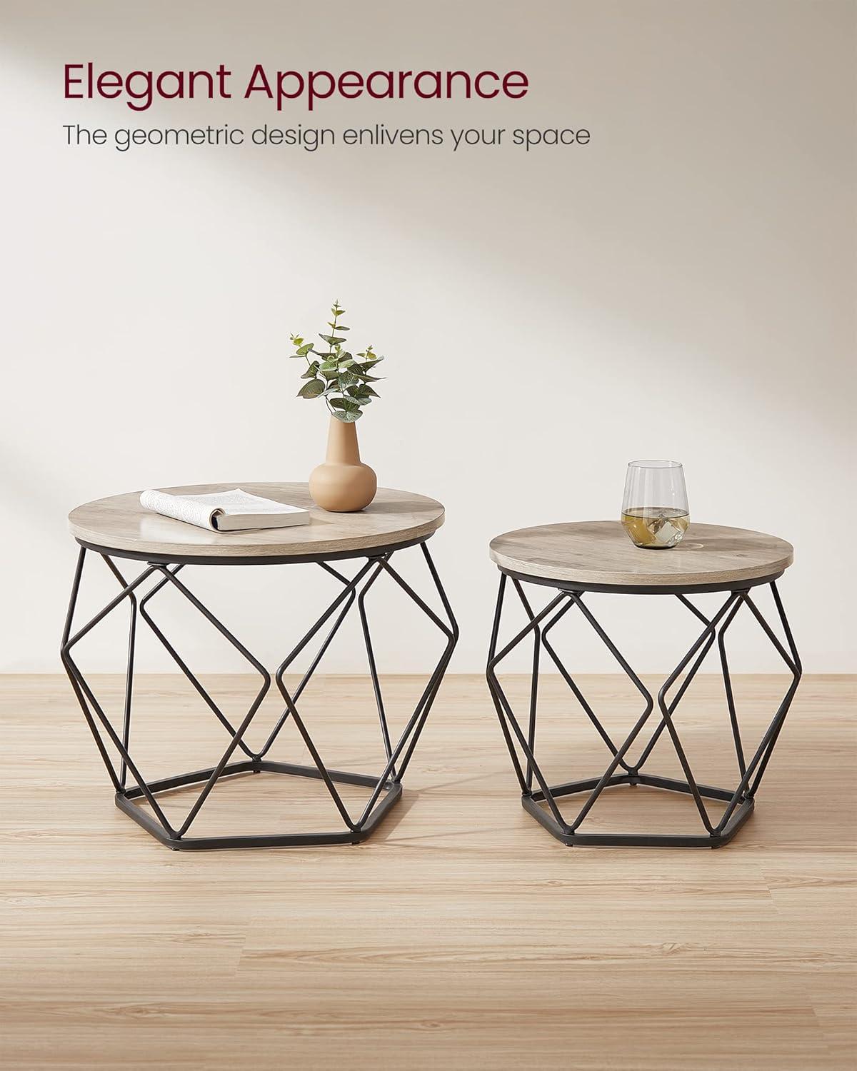 Greige and Black Round Wood Metal Nesting Coffee Tables