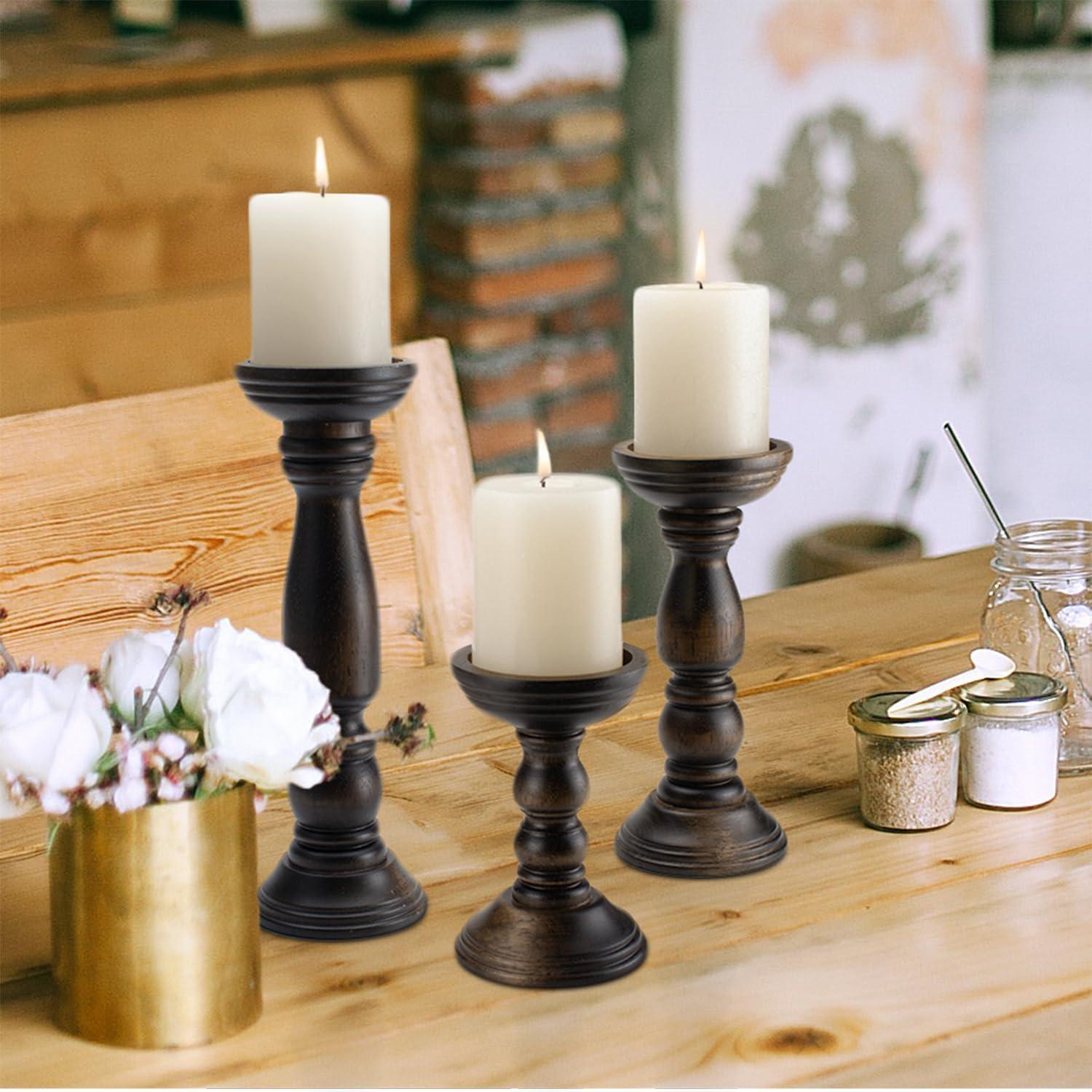 DecMode 3 Candle Brown Wood Candle Holder, Set of 3