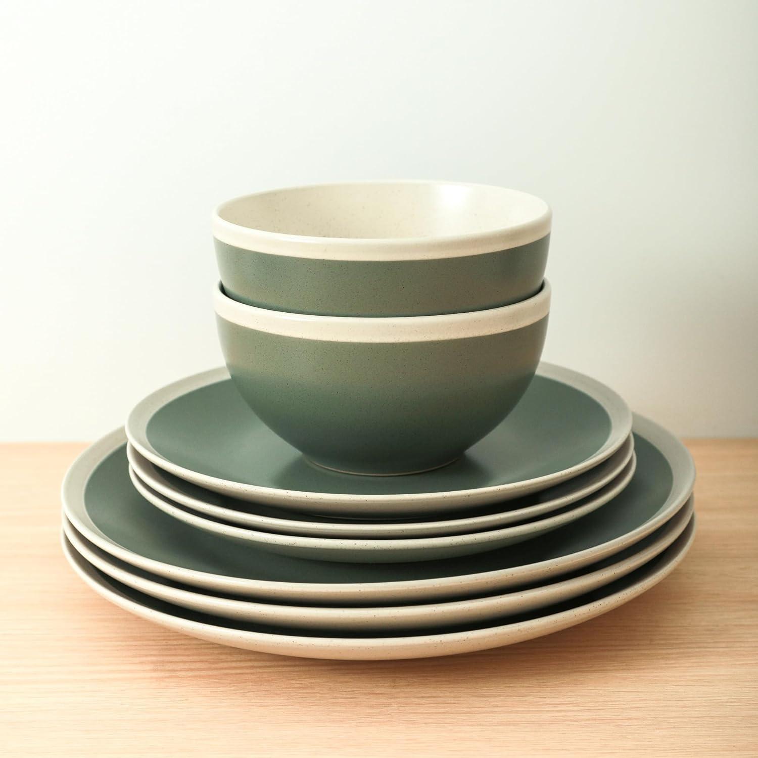 Stone Lain Serenity 16-Piece Stoneware Dinnerware Set, Service for 4, Green and Cream