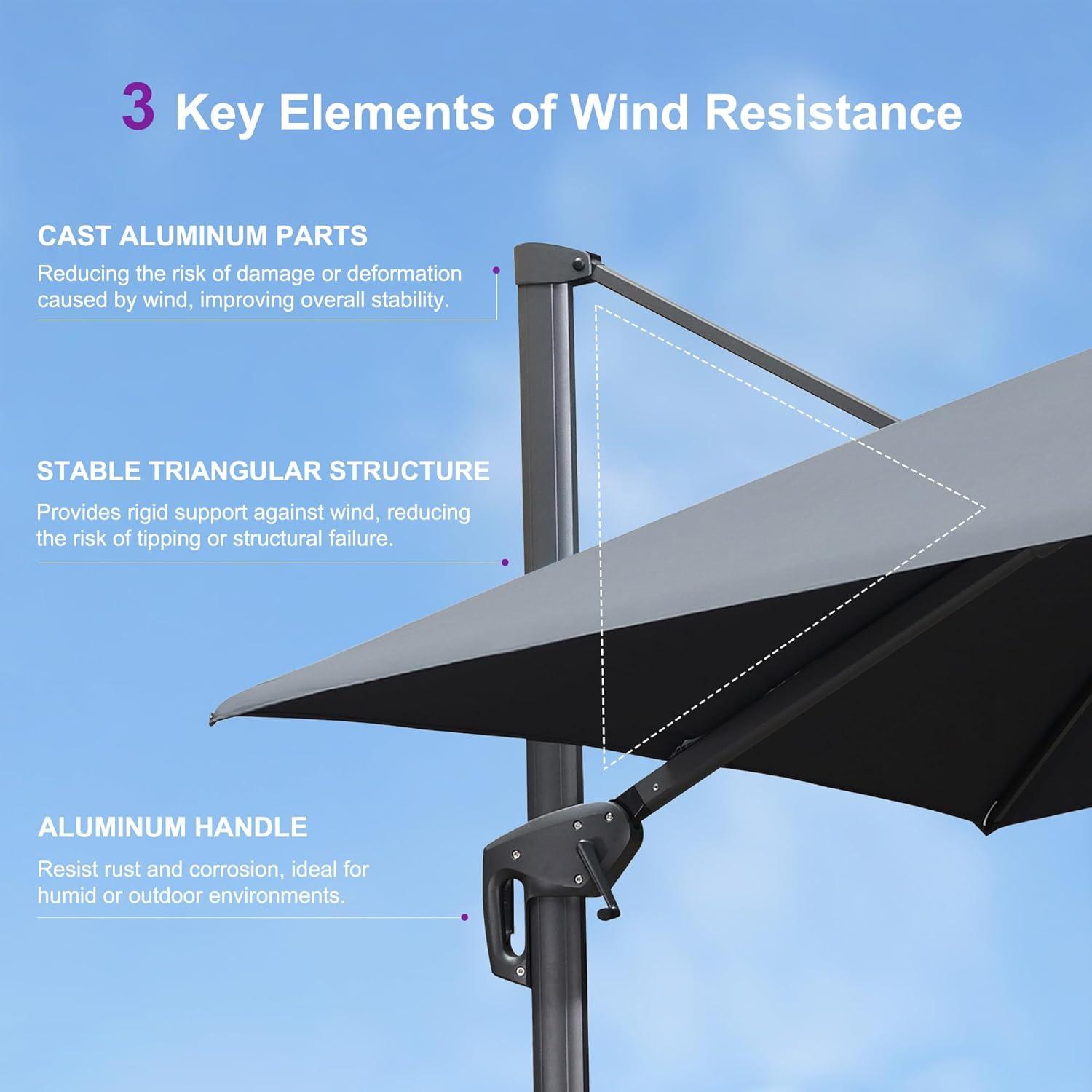 PURPLE LEAF Outdoor Cantilever Umbrellas 12FT Square Large Patio Umbrella Offset Umbrella with 360°Rotation Tilting And Hanging Double Top, Grey