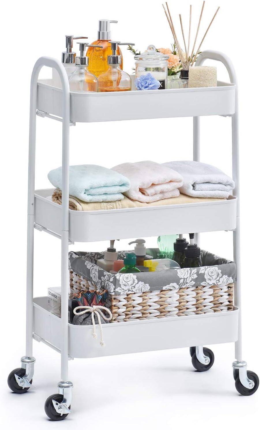 White 3-Tier Carbon Steel Rolling Utility Cart with Locking Wheels