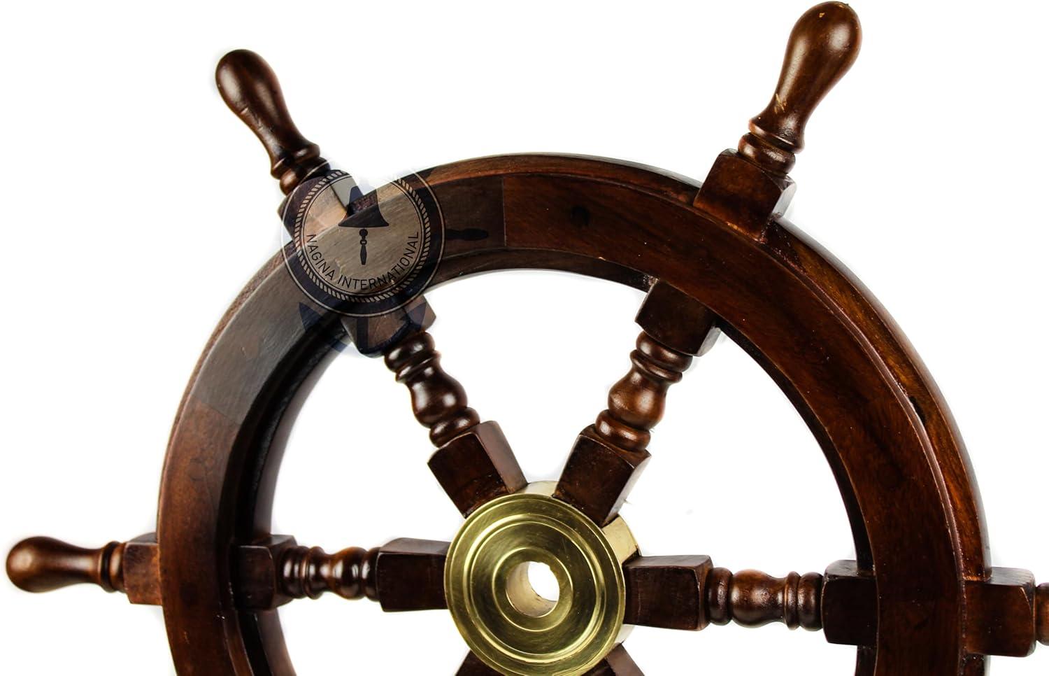 24" Dark Rosewood and Brass Nautical Ship Wheel Decor