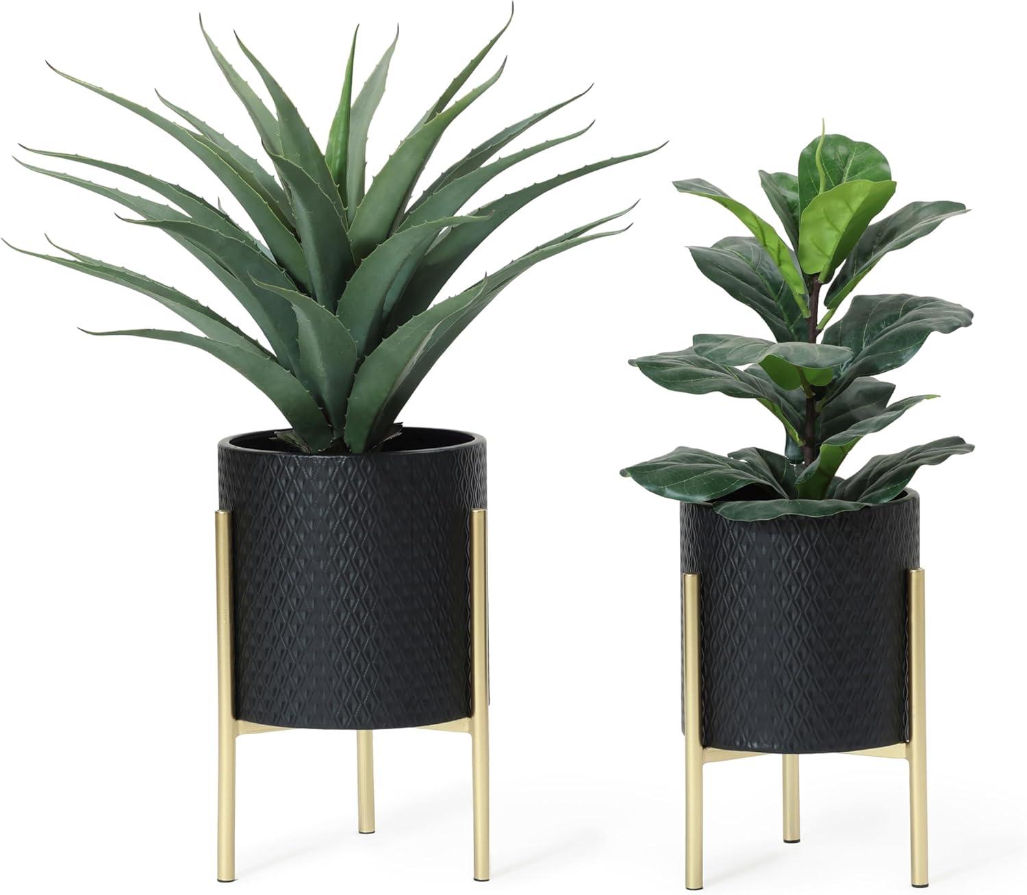 LuxenHome 2-Piece Diamond Pattern Round Metal Cachepot Planter Set, Black with Gold Stands